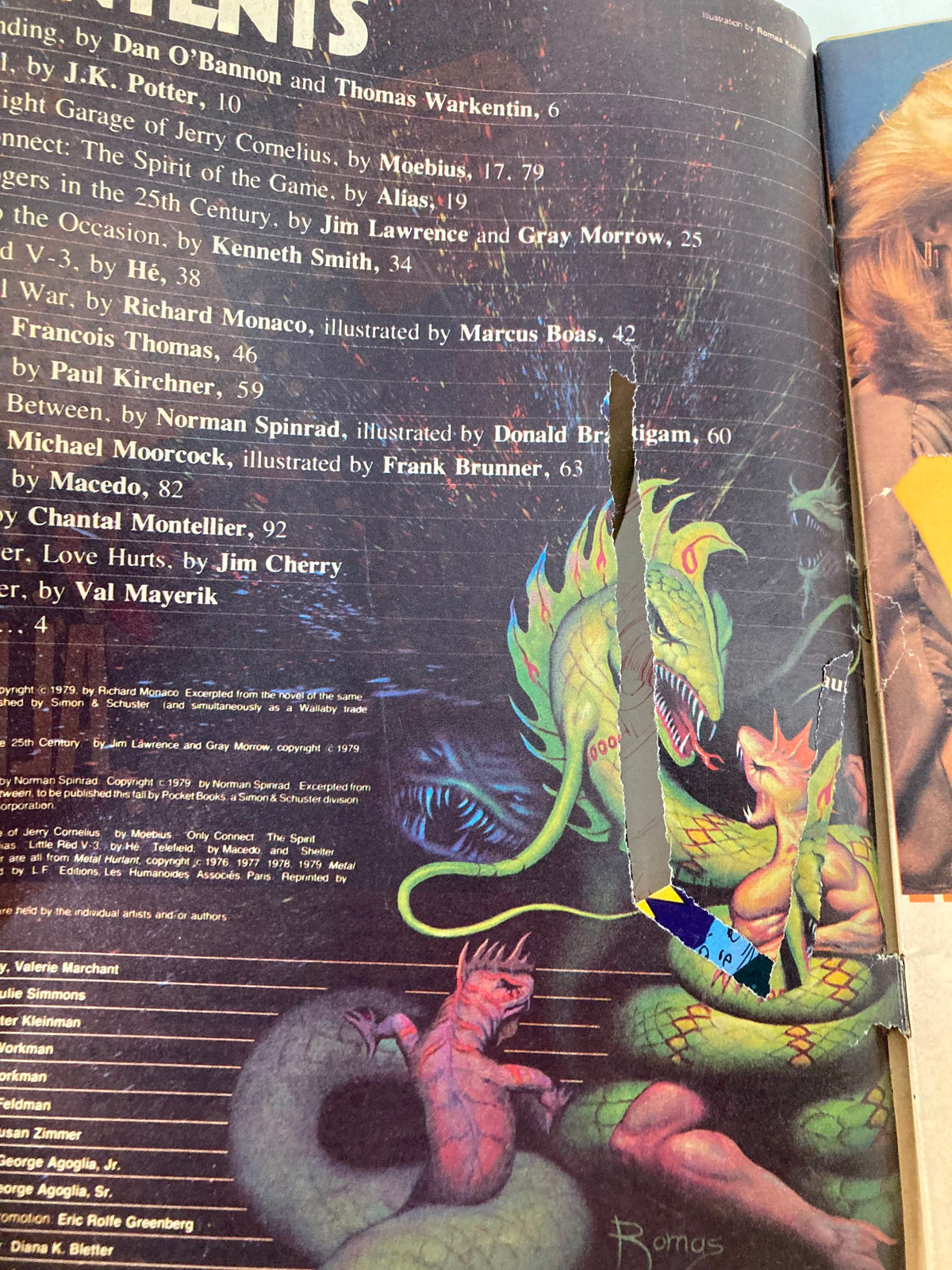 Contents page of the VTG Heavy Metal Magazine September 1979 issue 'The Spirit of the Game' featuring illustrations and articles, showing notable wear and tear characteristic of vintage collectibles.