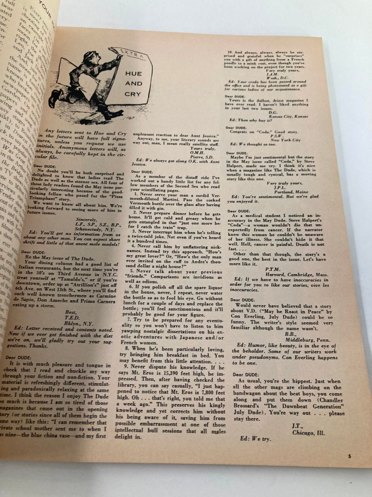 Interior page from VTG The Dude Magazine September 1958 featuring a humorous cartoon and text. The article discusses various letters and reactions related to the magazine, showcasing mid-century editorial style.