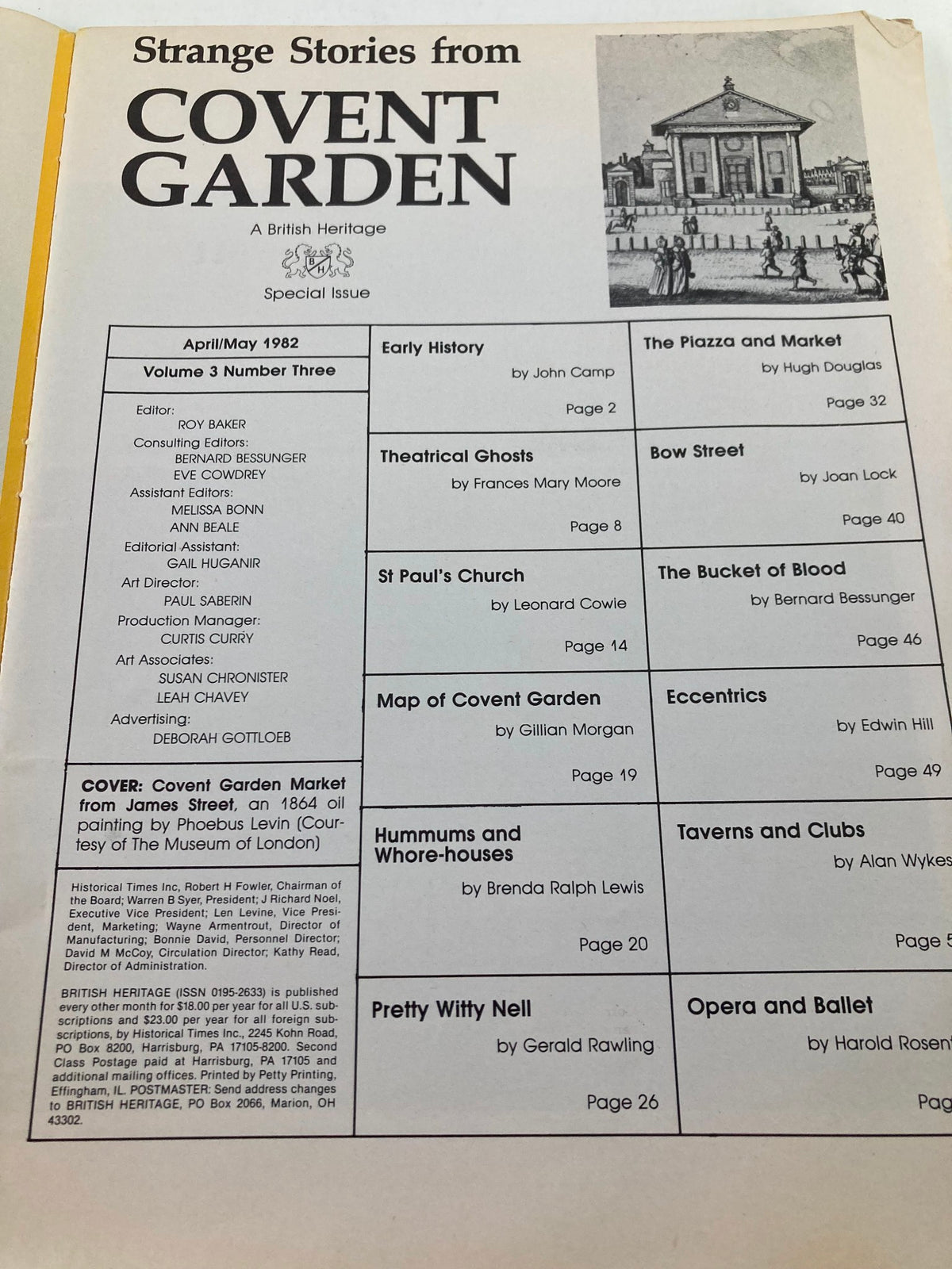 Interior page from 'VTG Strange Stories from Covent Garden April 1982 The Bucket of Blood No Label', displaying the table of contents including titles and authors.