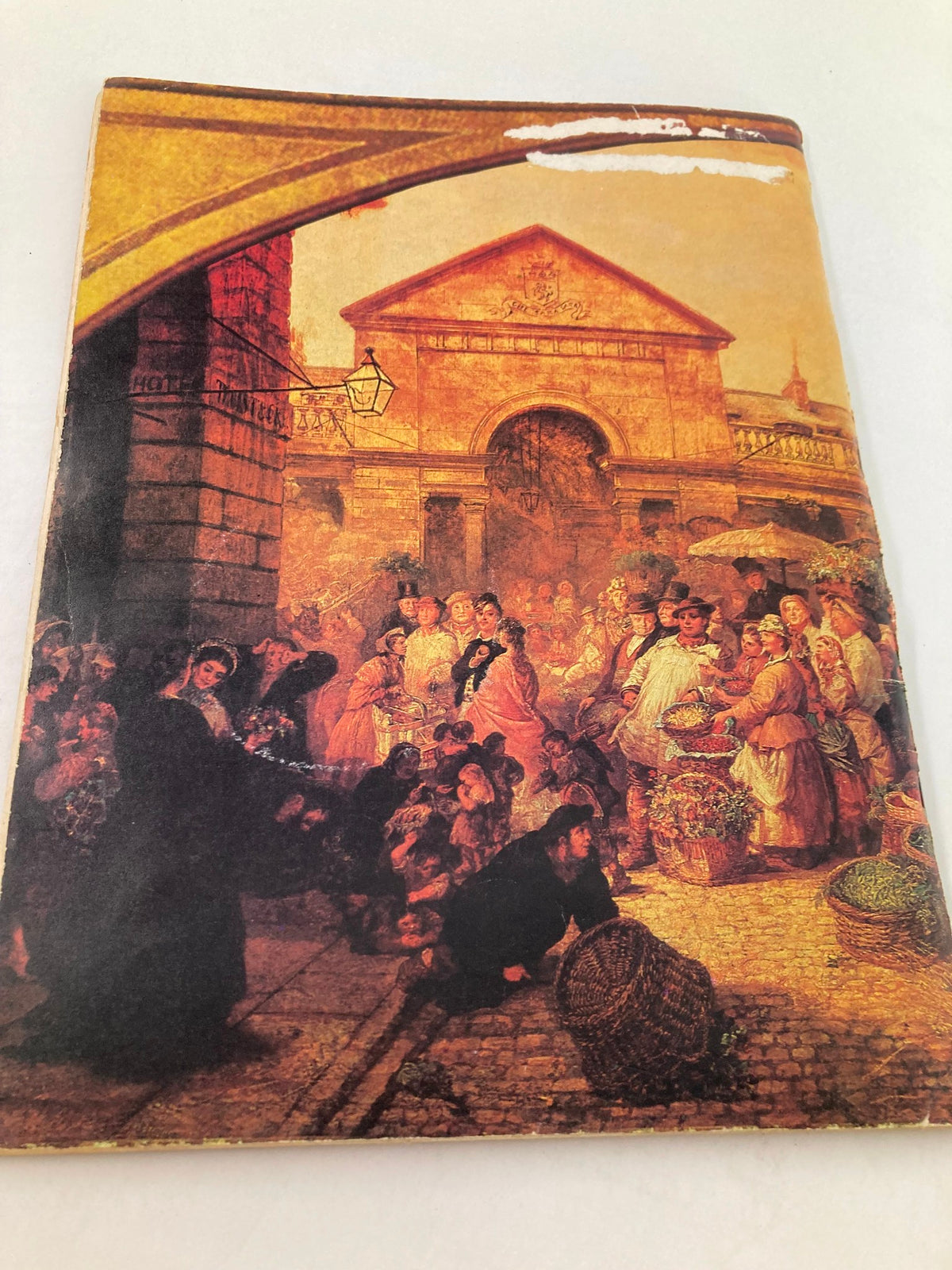 Colorful illustration of bustling market scene at Covent Garden, depicting vendors and shoppers. Featured in 'VTG Strange Stories from Covent Garden April 1982 The Bucket of Blood No Label'.