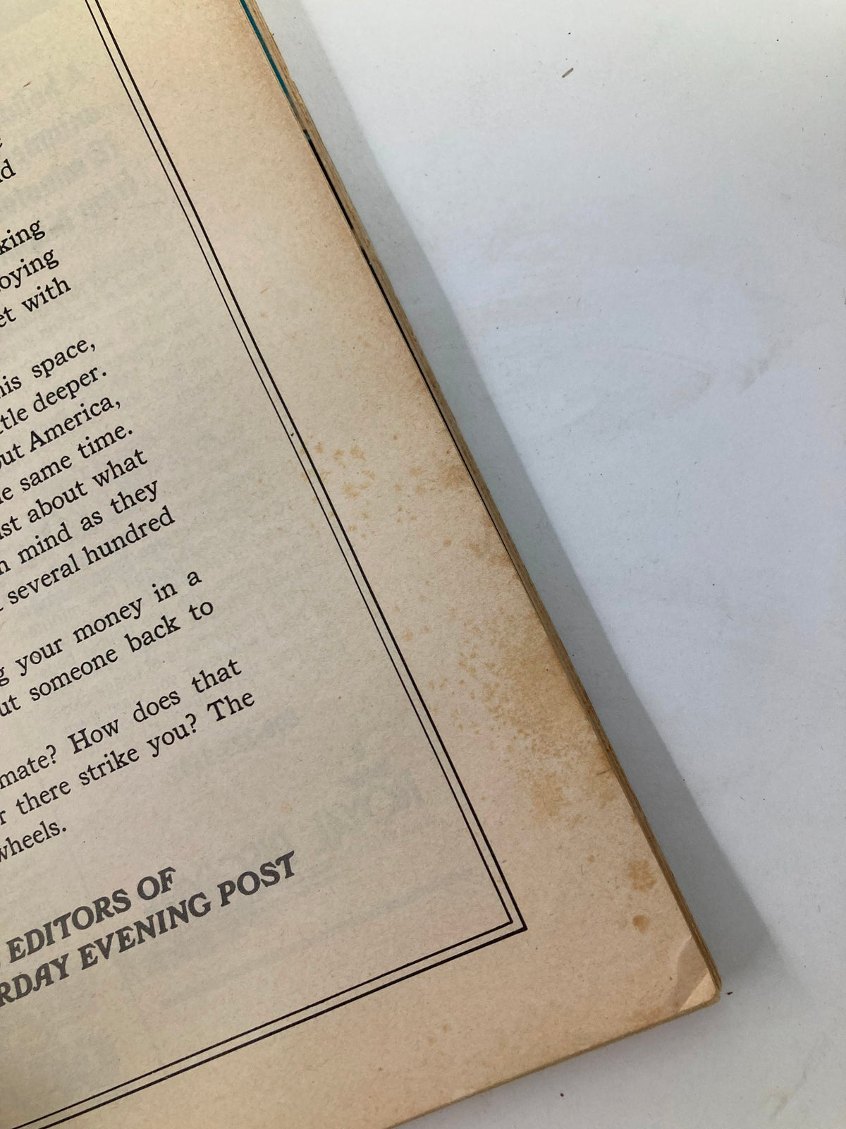 Interior view of The Saturday Evening Post March 1975, showing wear and historical context in the margins, relevant to 'The Dog Man's Marvelous Shadow' issue.