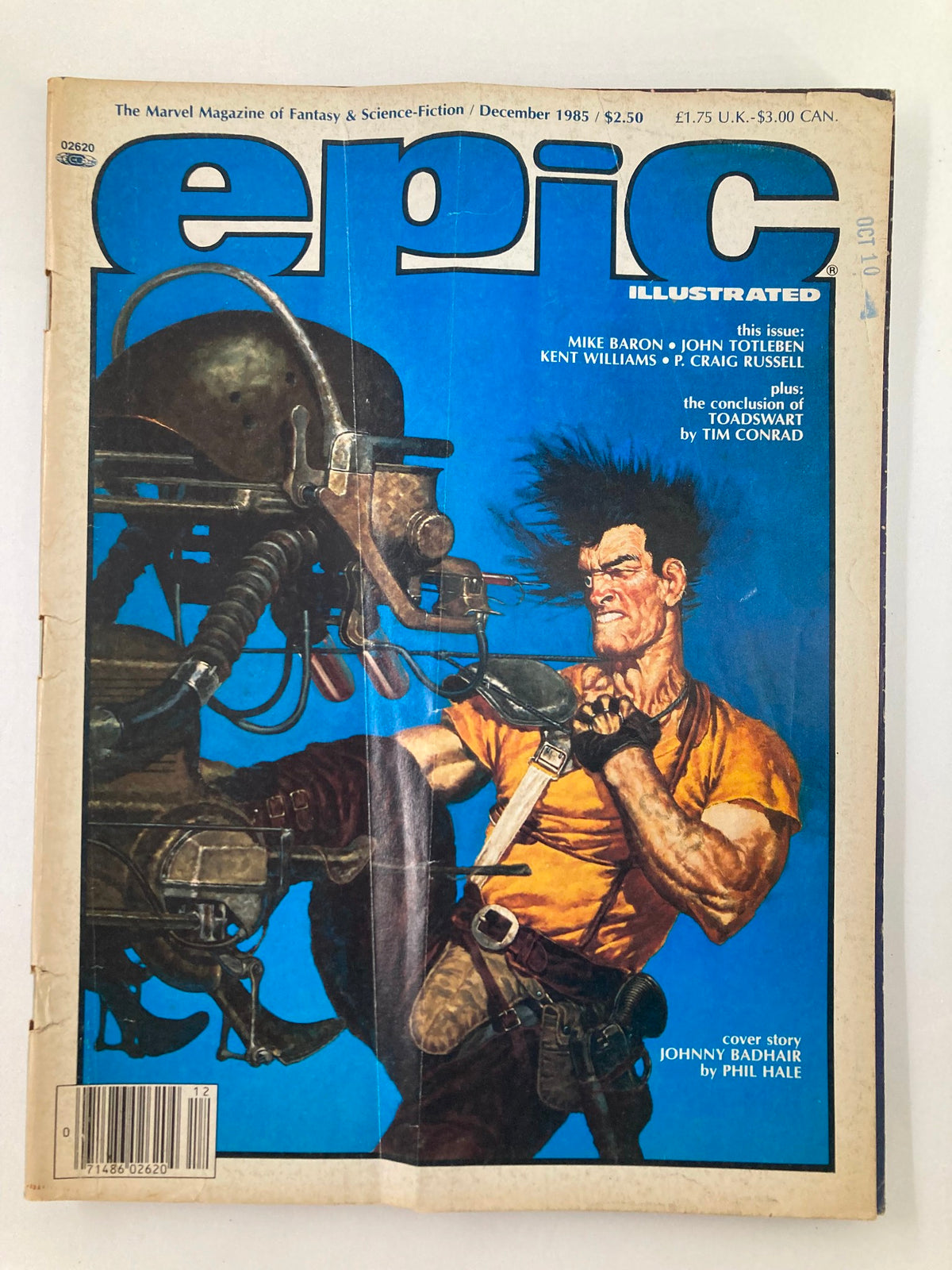 Cover of the VTG Epic Illustrated Magazine from December 1985 featuring Johnny Badhair by Phil Hale. The dramatic art showcases intense colors and detailed illustration, highlighting the character's rugged appearance.