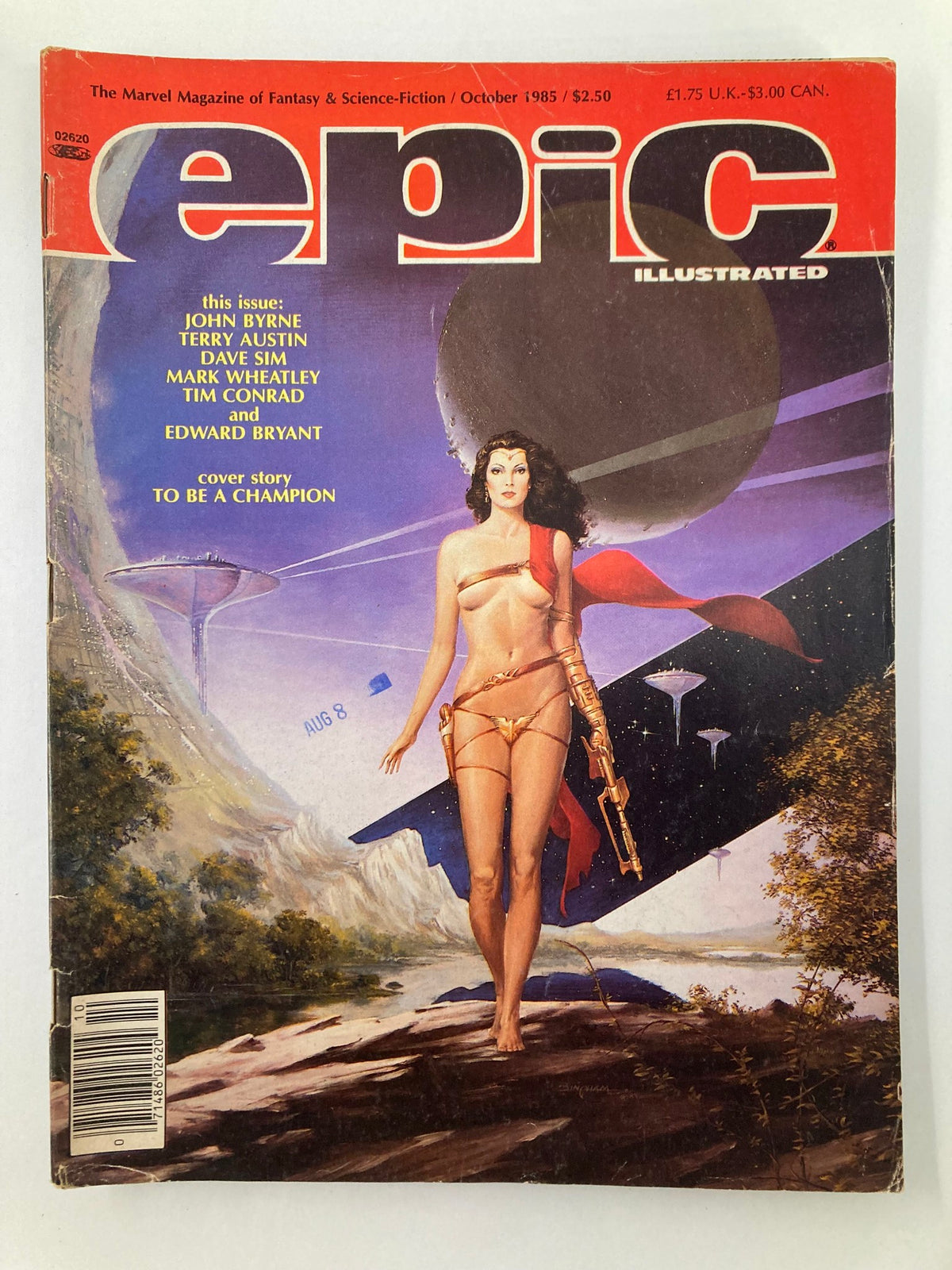 VTG Epic Illustrated Magazine October 1985 Vol 1 #32 To Be A Champion cover featuring a woman with a blaster in an imaginative sci-fi landscape.