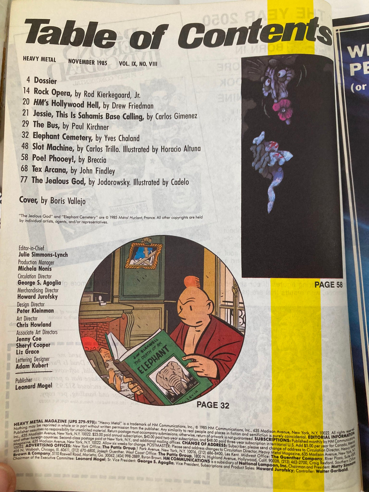 Table of contents page from VTG Heavy Metal Magazine November 1985 Vol 9 #8 featuring listed stories including 'The Jealous God' and artwork by Boris Vallejo.