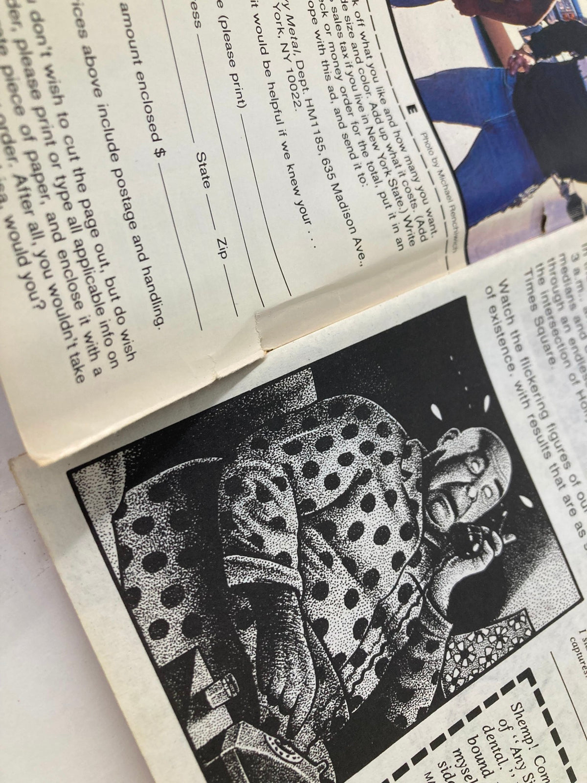 Interior page from VTG Heavy Metal Magazine November 1985 Vol 9 #8 showing an illustration of a character seated with polka dots, highlighting the magazine's unique art style.