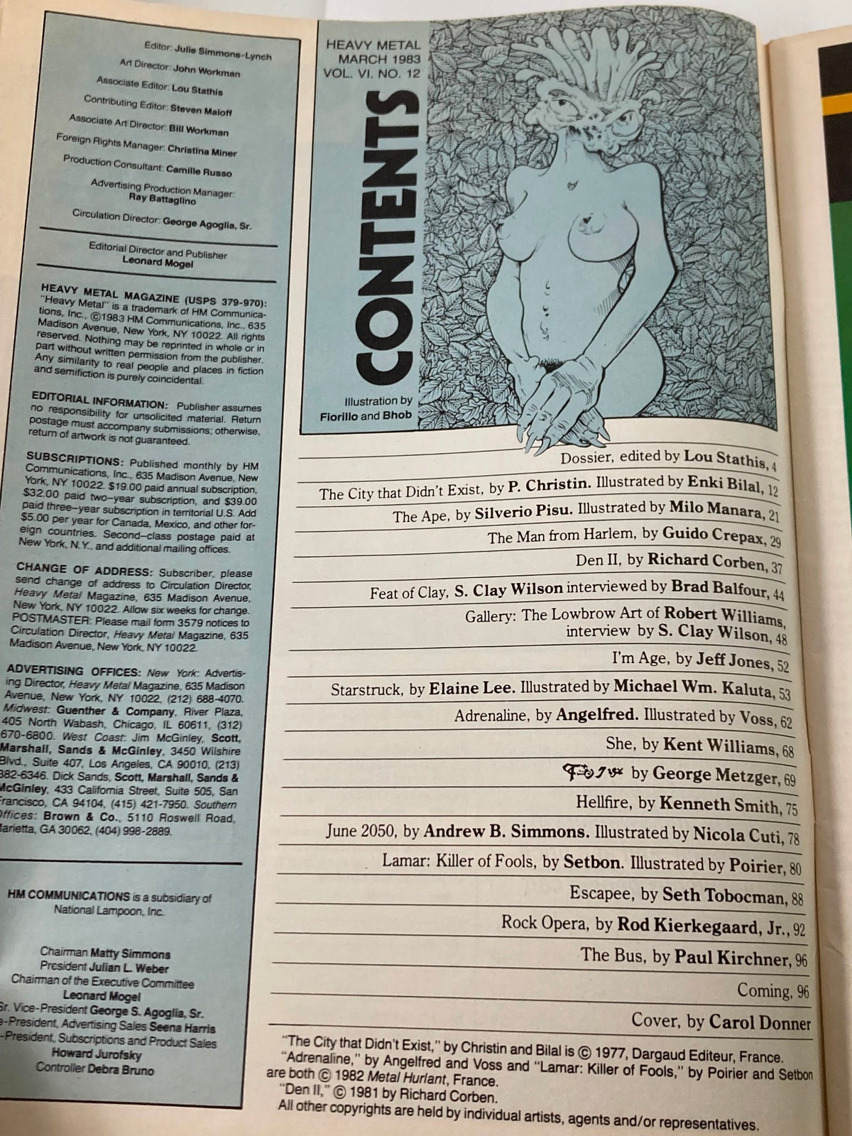 Inside contents page of VTG Heavy Metal Magazine March 1983 Vol 6 #12 showcasing the list of featured stories and illustrations.