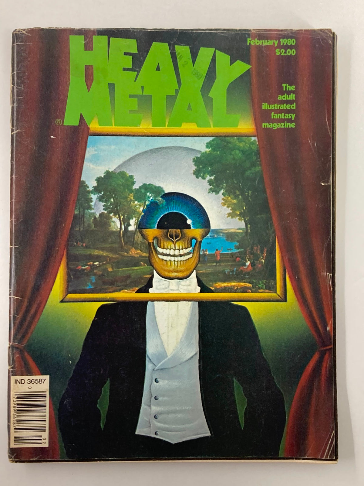 Cover of VTG Heavy Metal Magazine February 1980 featuring the artwork 'Mr. Interlocutor' by Patrick C. The illustration depicts a skeleton in a tuxedo, framed by a scenic background, reflecting the magazine's blend of fantasy and surrealism.