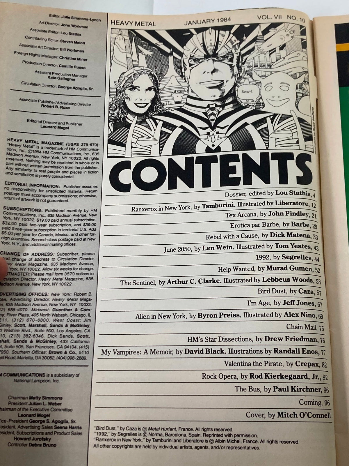 Contents page of Heavy Metal Magazine January 1984, Volume 7 Number 10, featuring an illustrated design with titles and contributors for featured articles. This vintage magazine explores themes like 'Modern Day Vampires' and showcases various artists' works.