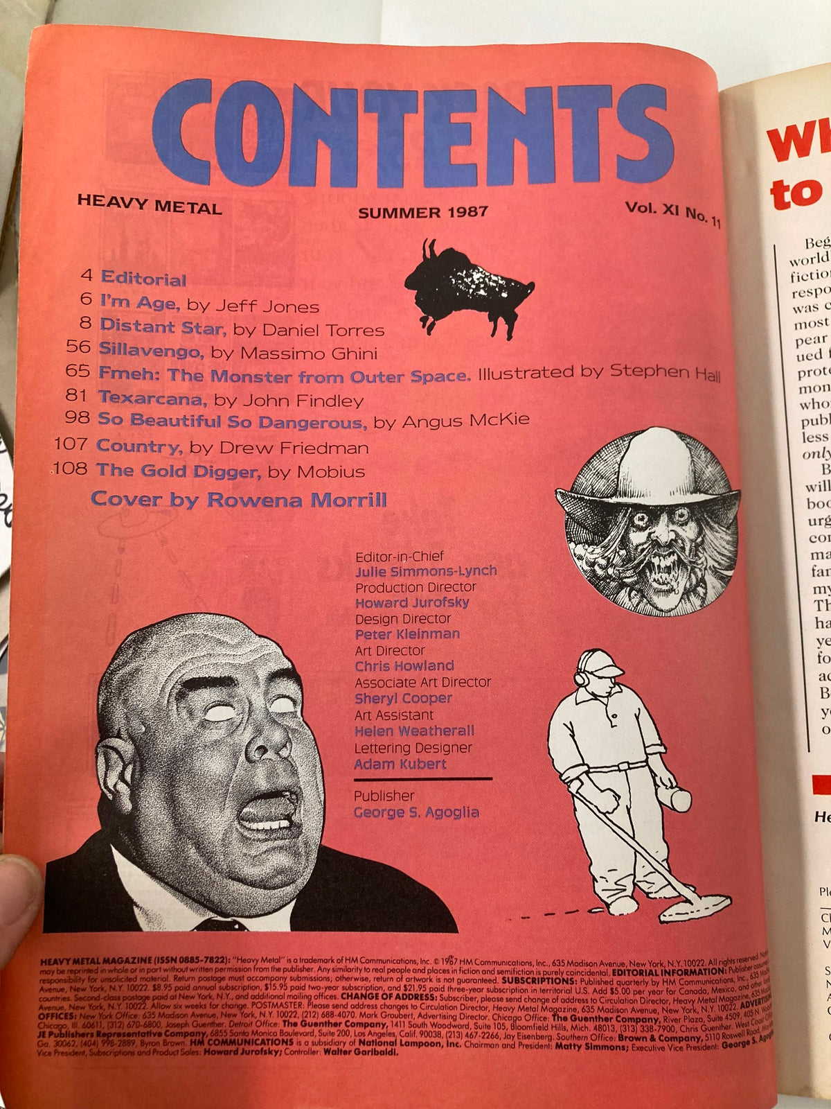 Contents page of VTG Heavy Metal Magazine Summer 1987 Vol 11 #11 listing featured stories and articles including 'I'm Age' and 'The Gold Digger'.