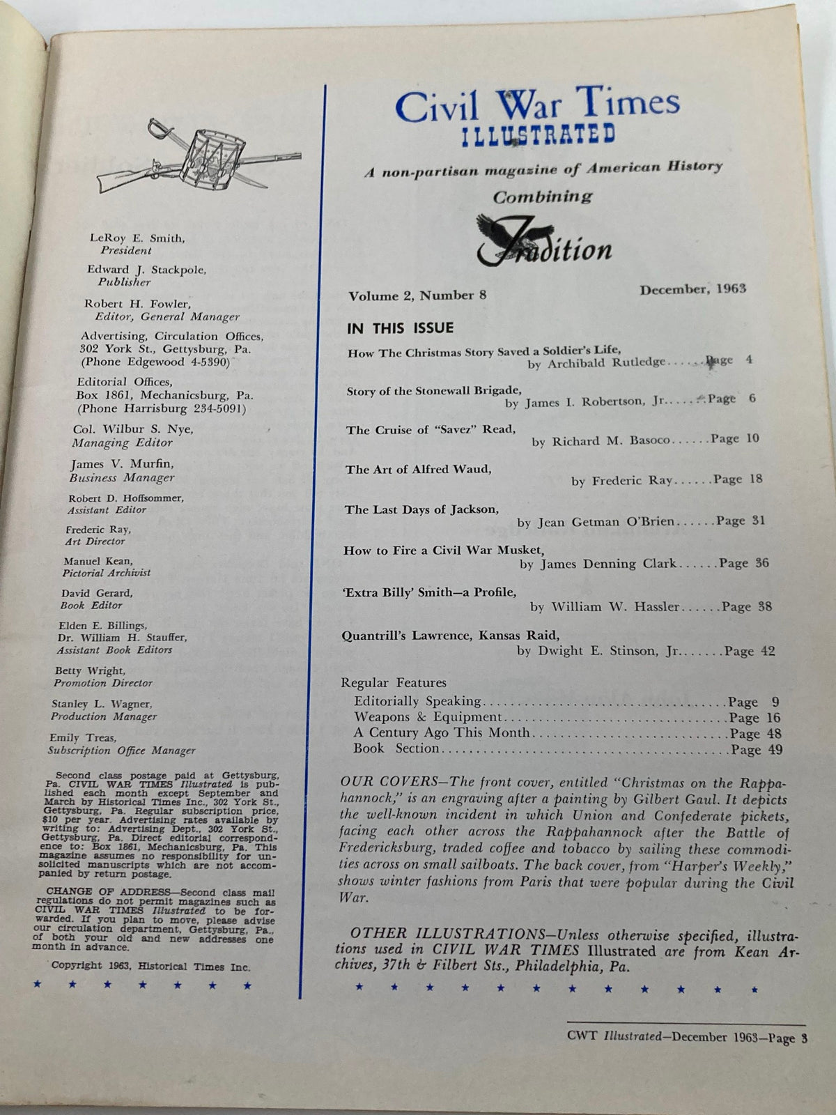 Inside page of VTG Civil War Times Illustrated Magazine, December 1963 edition, showing the table of contents with various articles related to the Civil War.