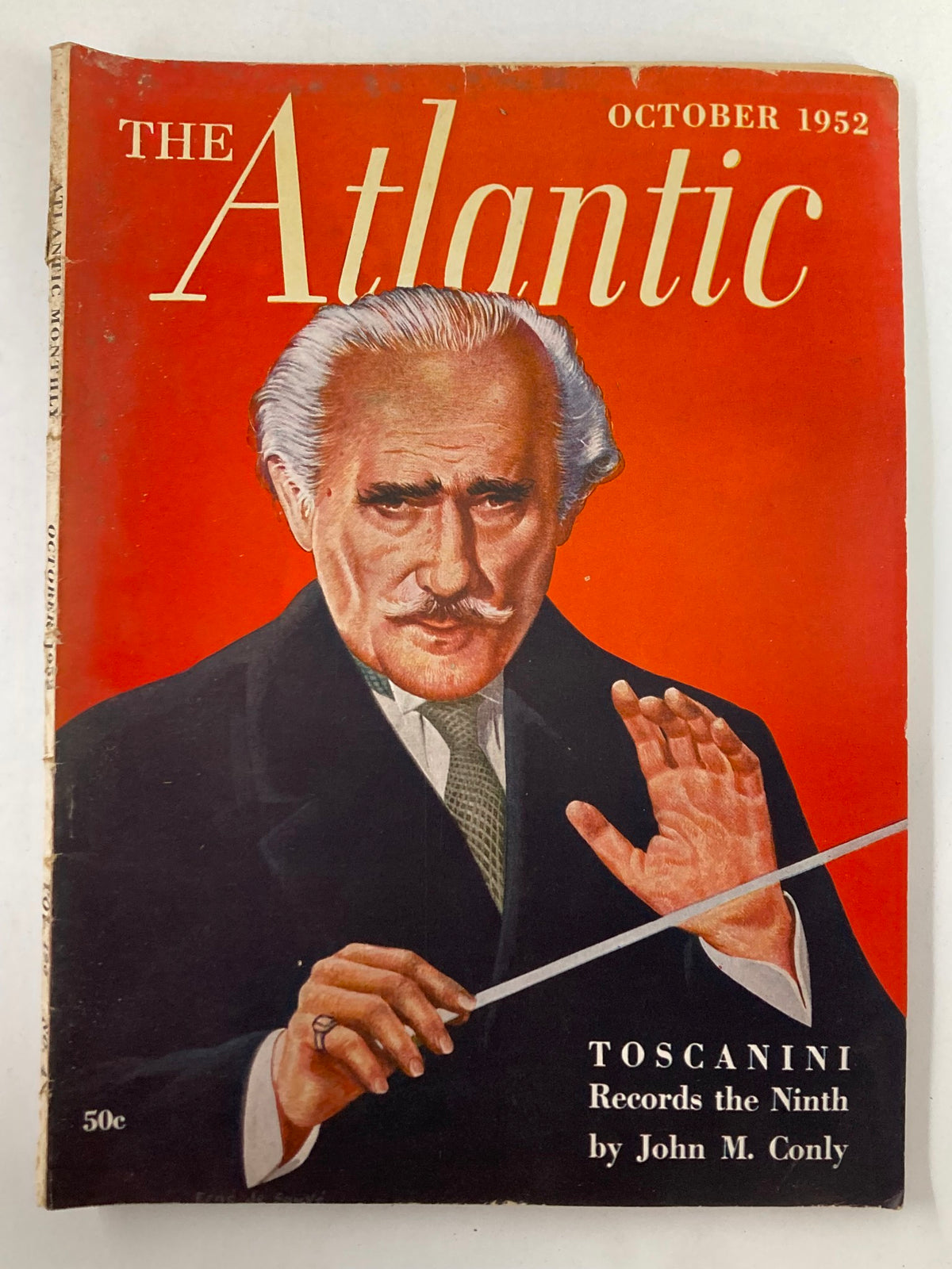 Cover of VTG The Atlantic Magazine October 1952 featuring Arturo Toscanini, highlighting the article 'Records the Ninth' by John M. Conly.
