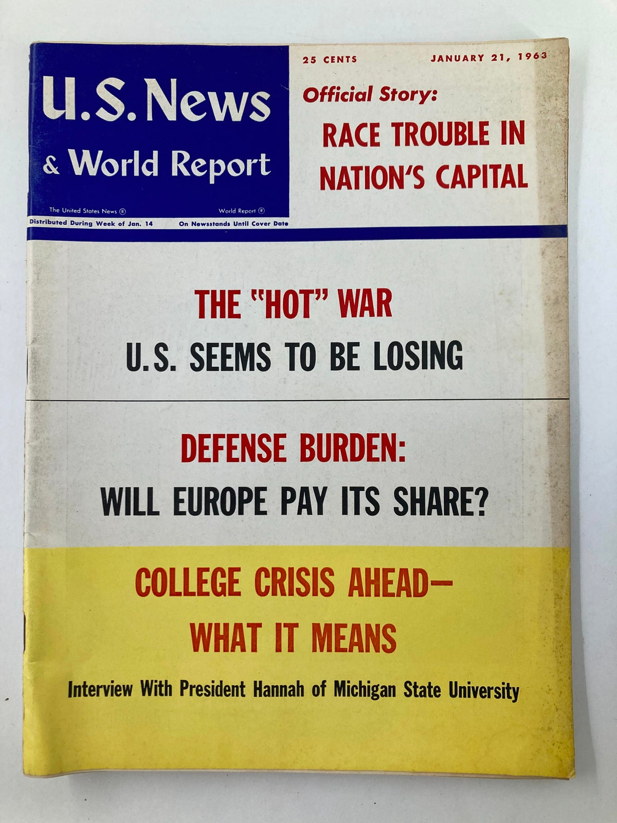 Cover of US News & World Report dated January 21, 1963, featuring the official story on race trouble in the Nation's Capital, showcasing headlines related to military and educational issues.