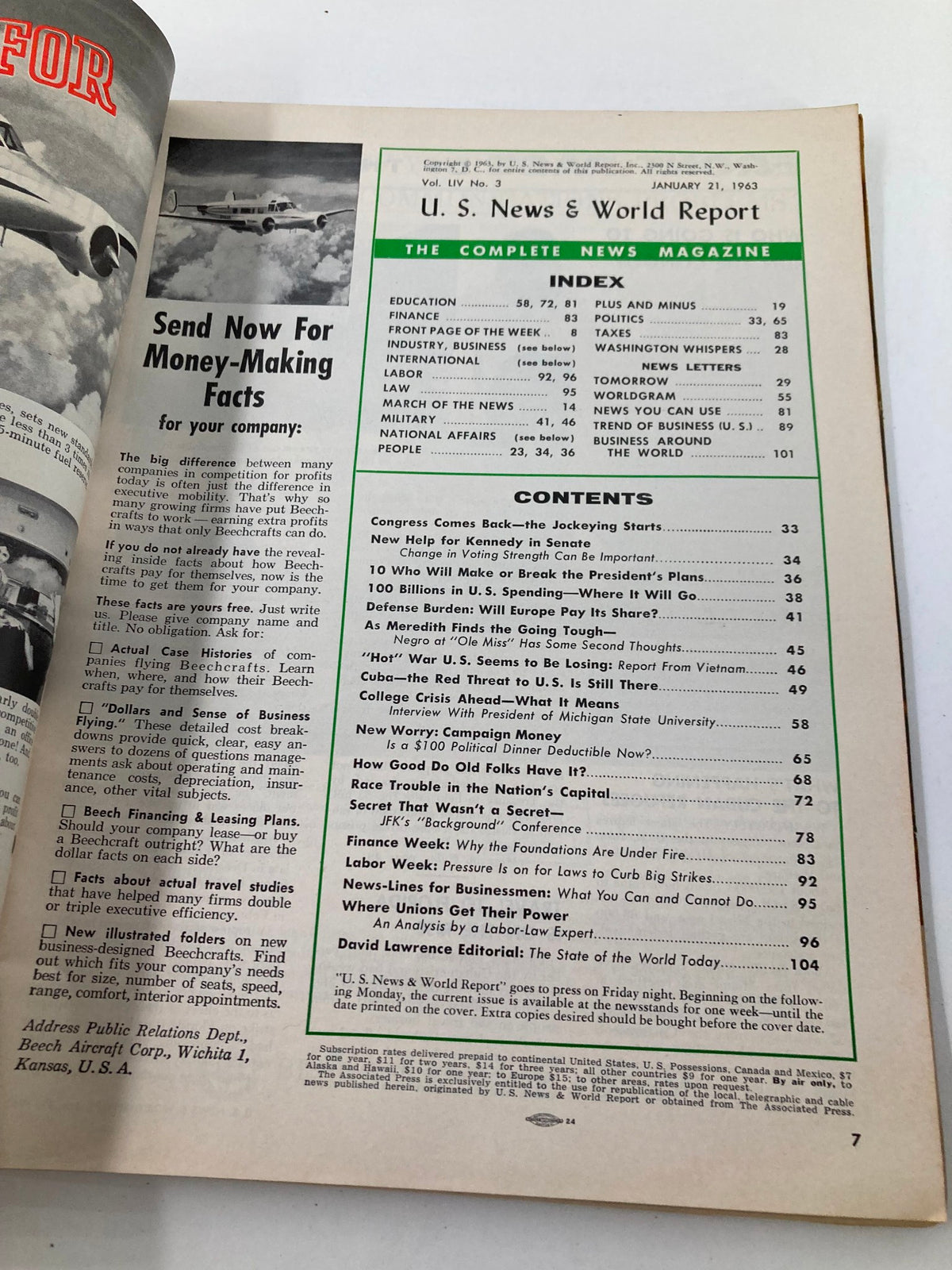 Inside page of US News & World Report from January 21, 1963, displaying the index and contents section, revealing topics covered in the issue including defense burden and race relations.