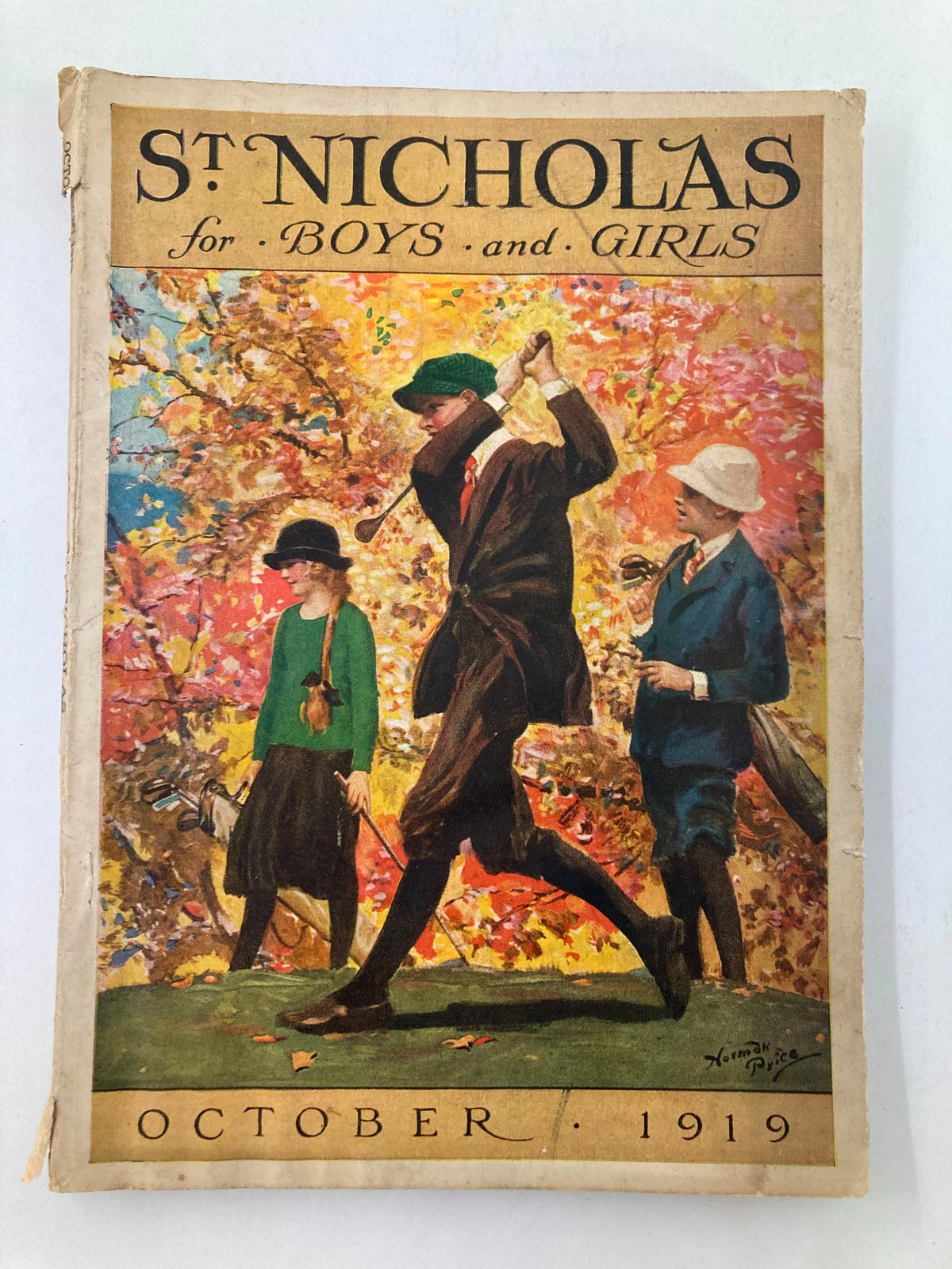 St. Nicholas Magazine October 1919 cover featuring colorful autumn scenery and characters in period clothing, illustrating the story 'The Tale of the Wee Brown Box'.