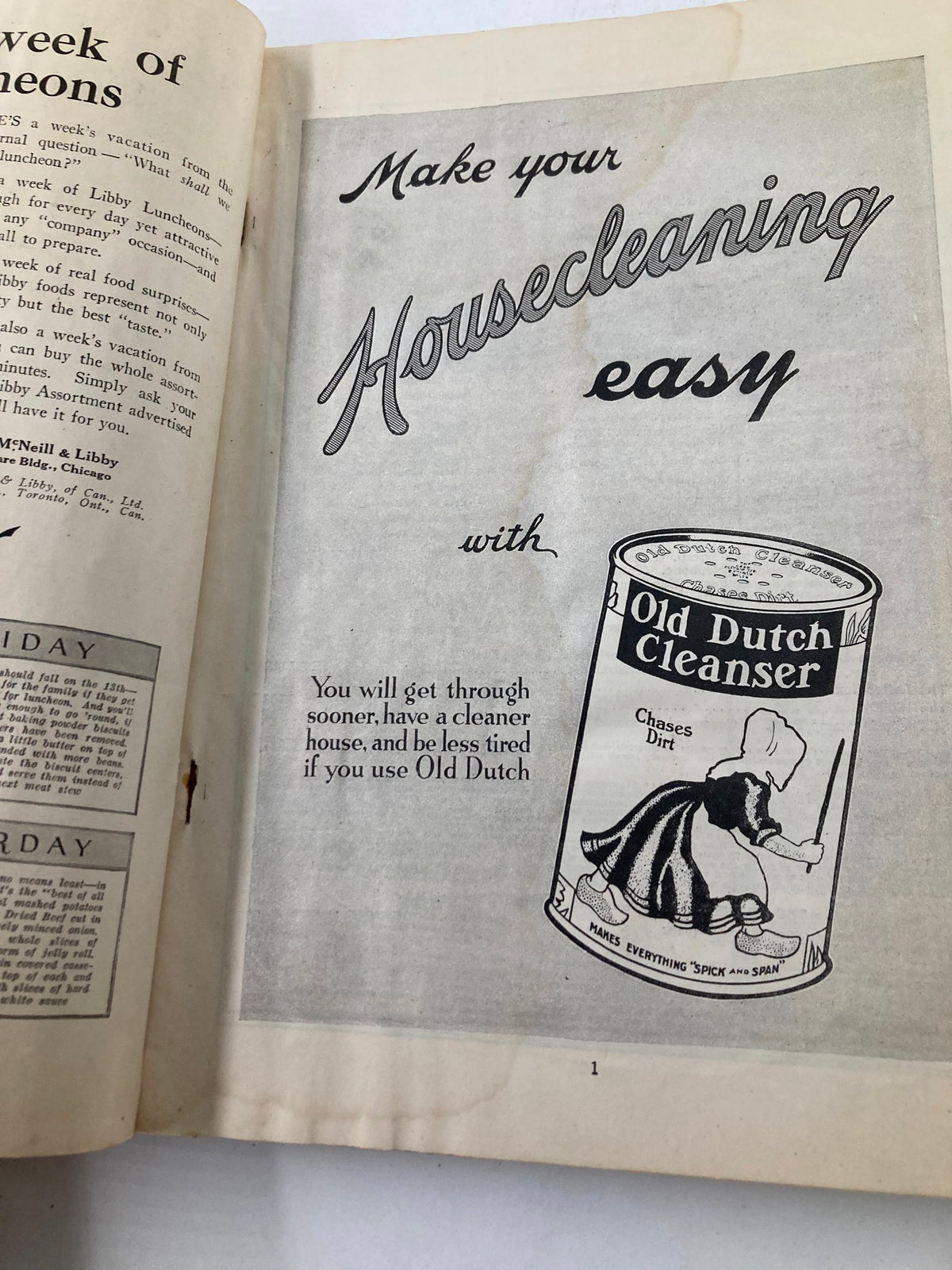 Interior page of VTG St. Nicholas Magazine October 1919 featuring an advertisement for Old Dutch Cleanser, showcasing vintage illustrations and typography.