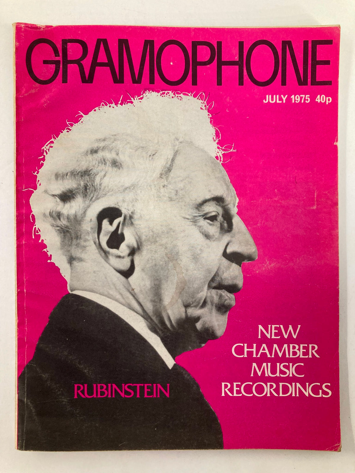 Cover of VTG Gramophone Magazine July 1975 featuring Arthur Rubinstein, showcasing a pink background with bold typography emphasizing classical music.