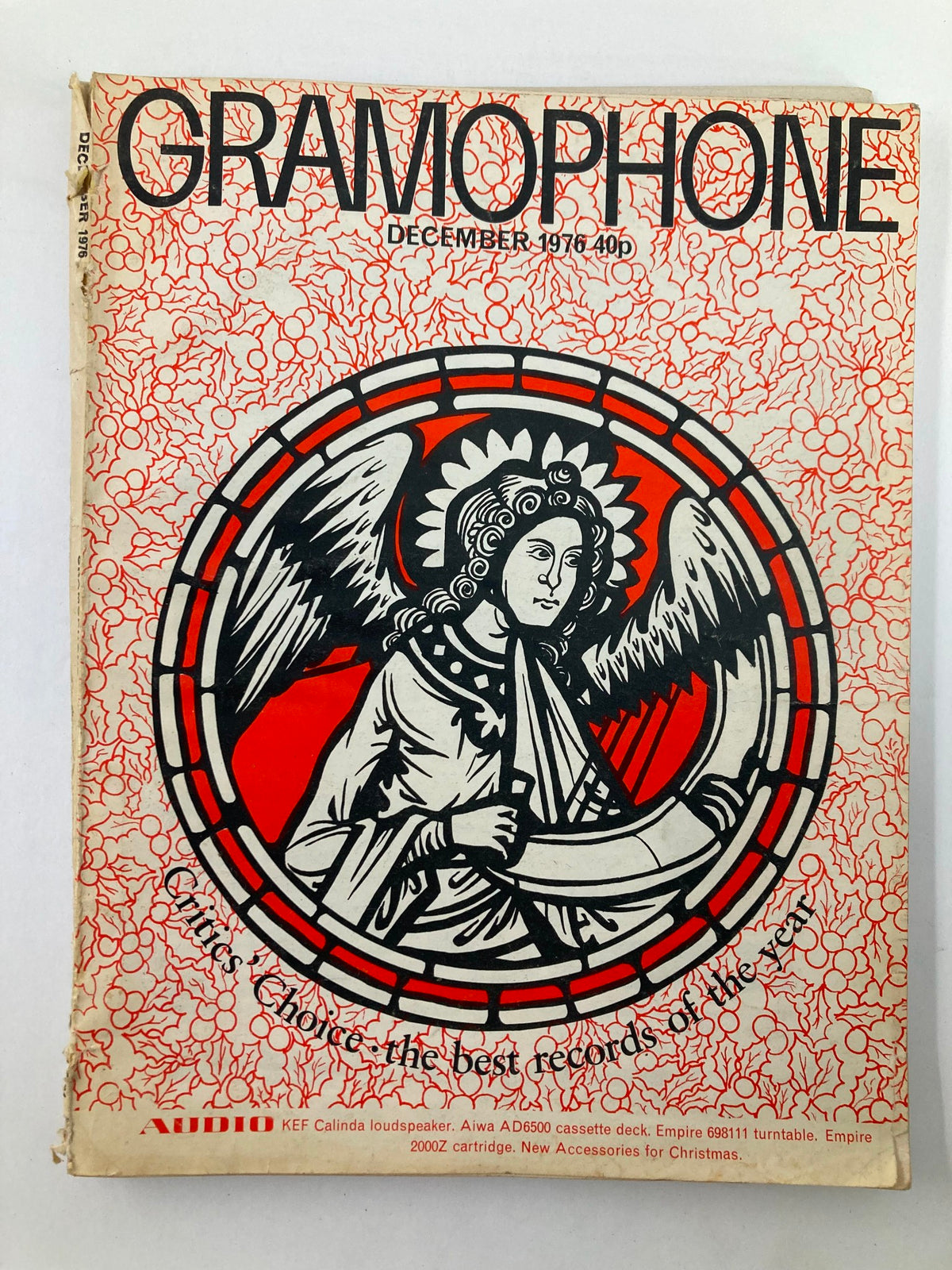 Cover of VTG Gramophone Magazine December 1976 Vol 54 #643, featuring bold red and black design with an angelic figure. Highlights the Critics' Choice. Good condition with minor wear.