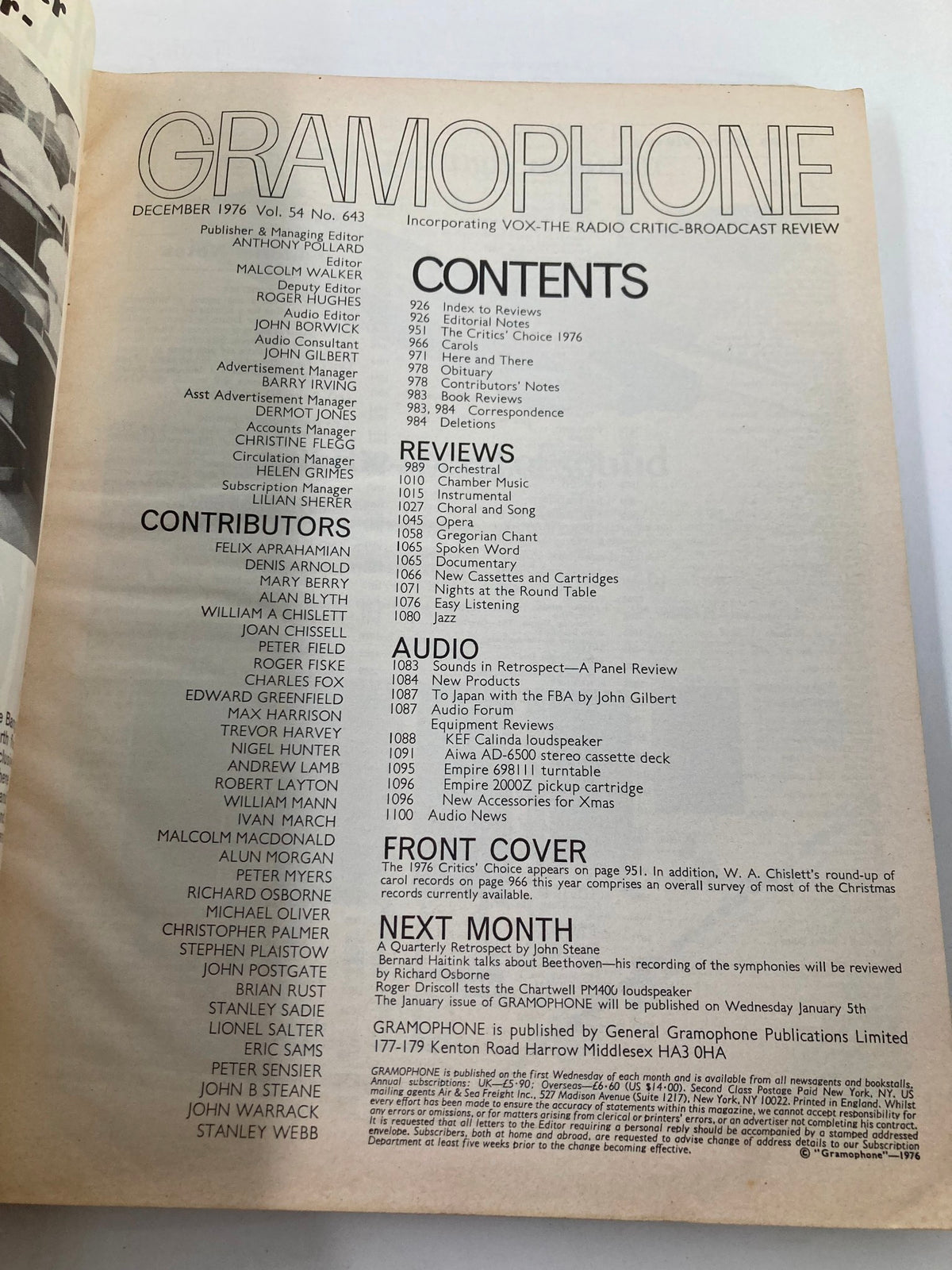 Interior page of VTG Gramophone Magazine December 1976 Vol 54 #643, displaying the contents page. Lists contributors and various music-related reviews.
