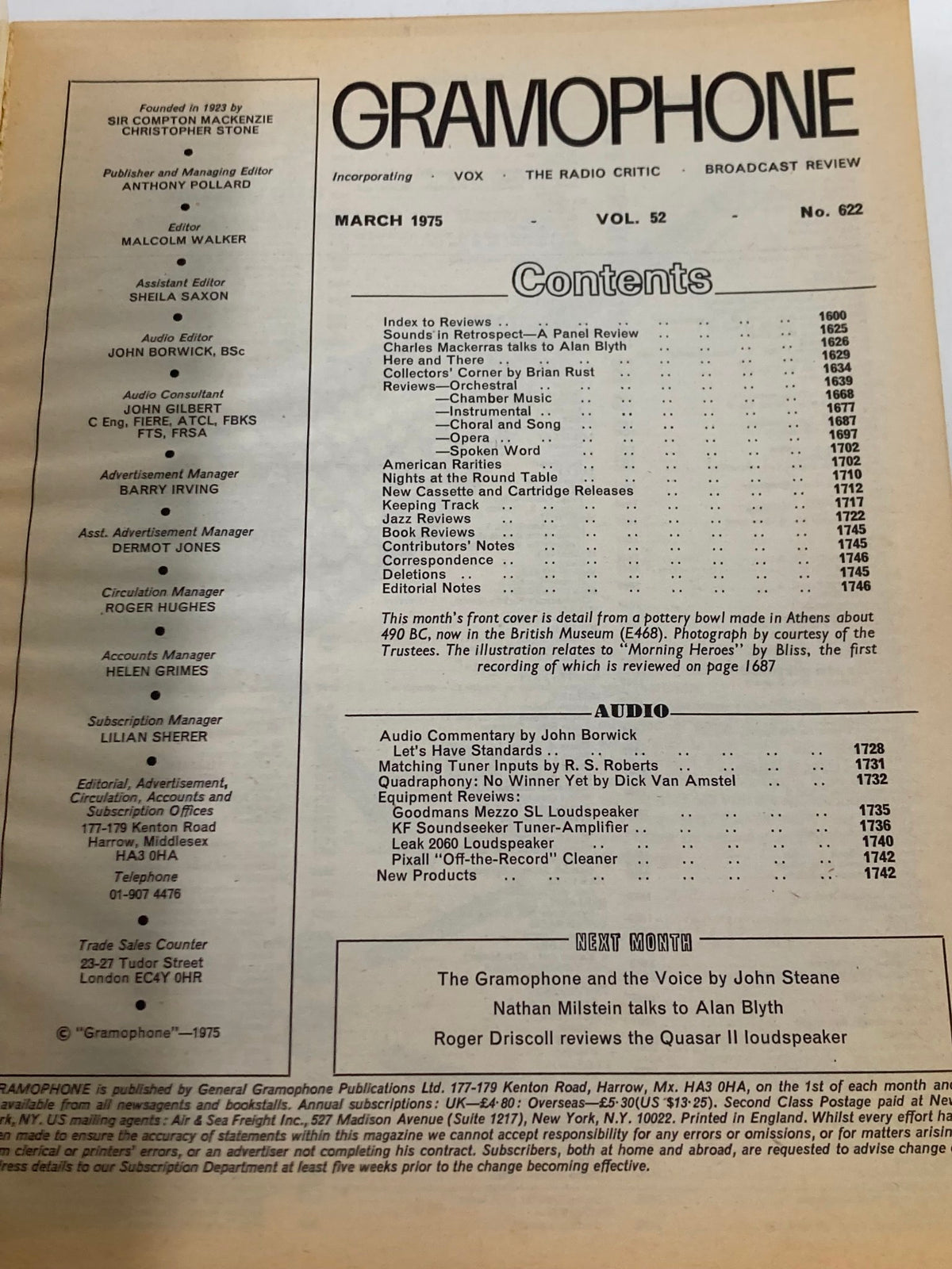 Inside page of the VTG Gramophone Magazine March 1975 Vol 52 #622 displaying the contents section, including articles and reviews related to classical music.