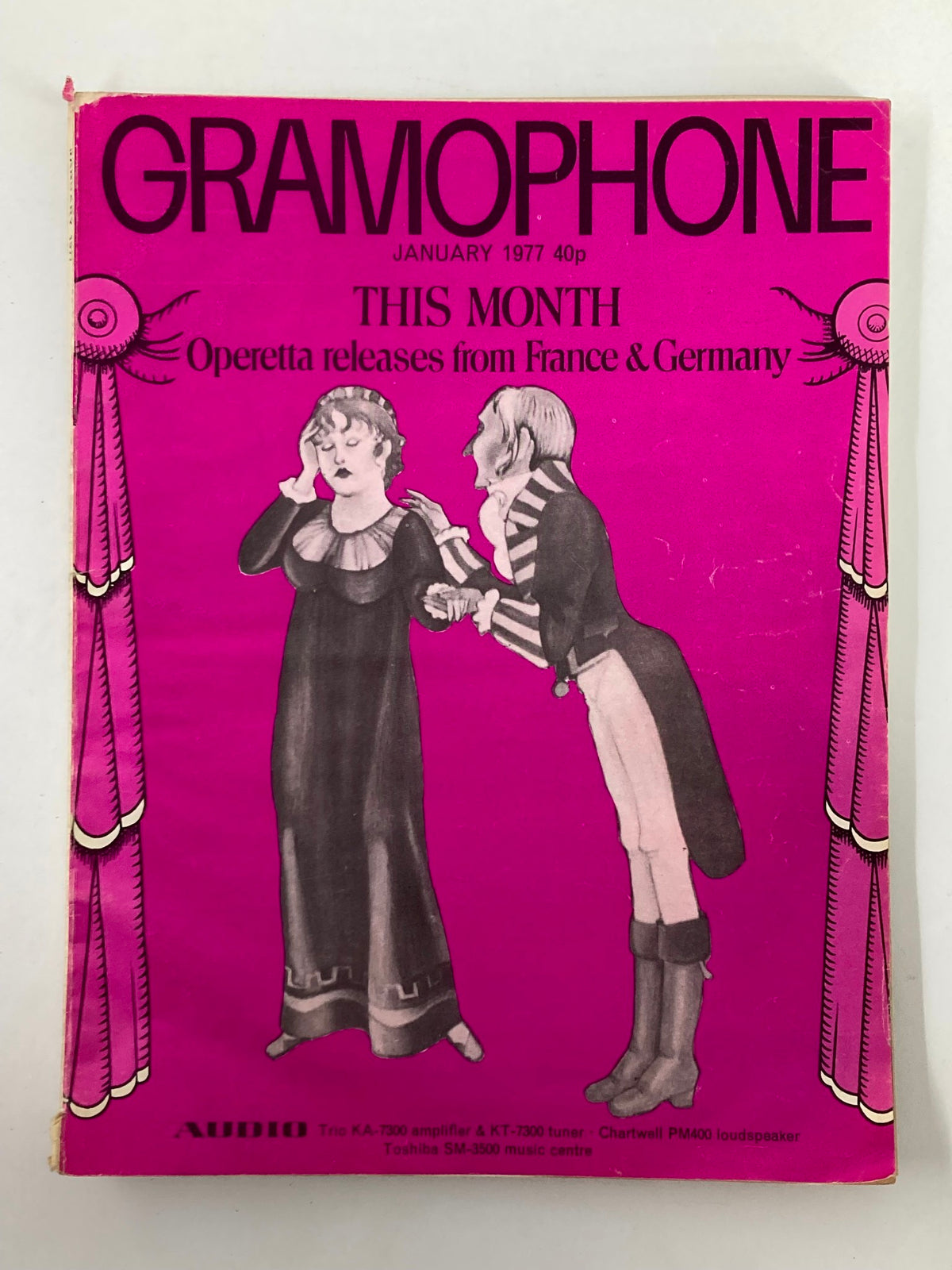 Cover of VTG Gramophone Magazine from January 1977 featuring operetta releases from France and Germany, showcasing artwork from 'Madame Angot' and 'Monsieur Beaucaire'.