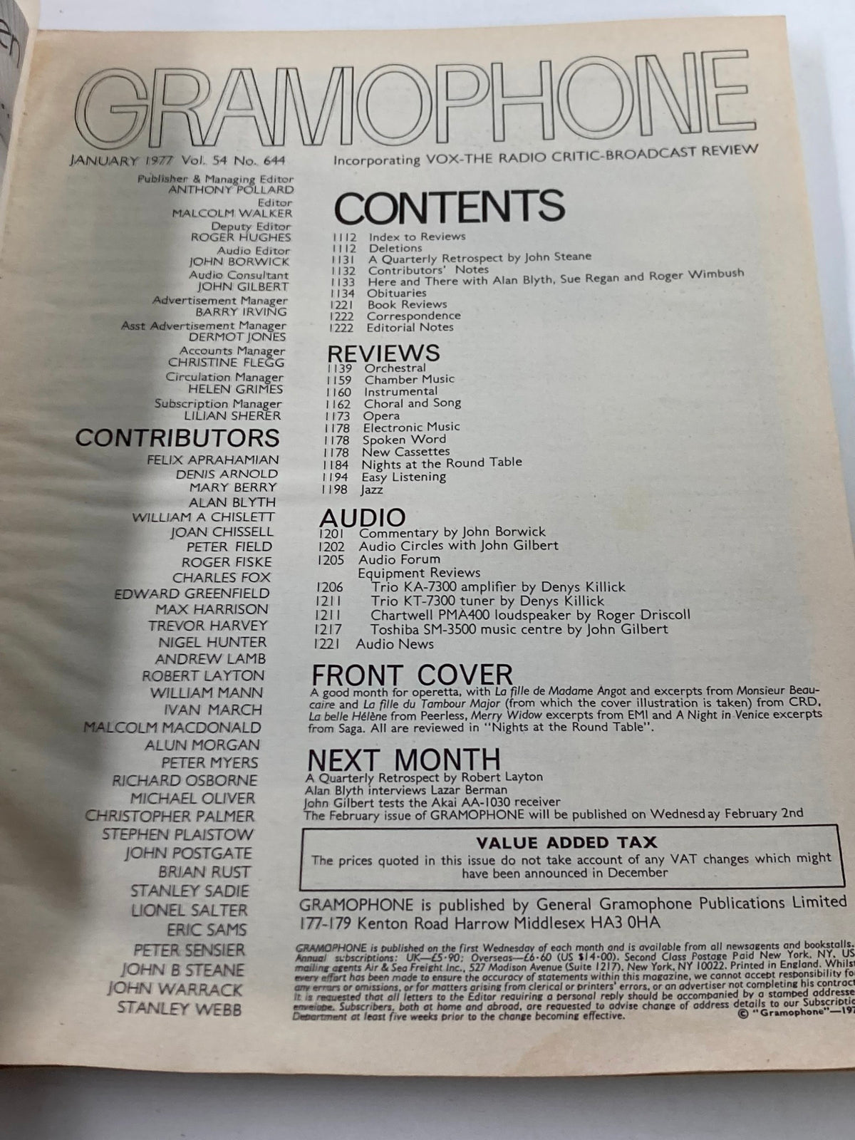 Contents page of the January 1977 issue of VTG Gramophone Magazine, listing contributors, reviews, and relevant articles related to classical music.