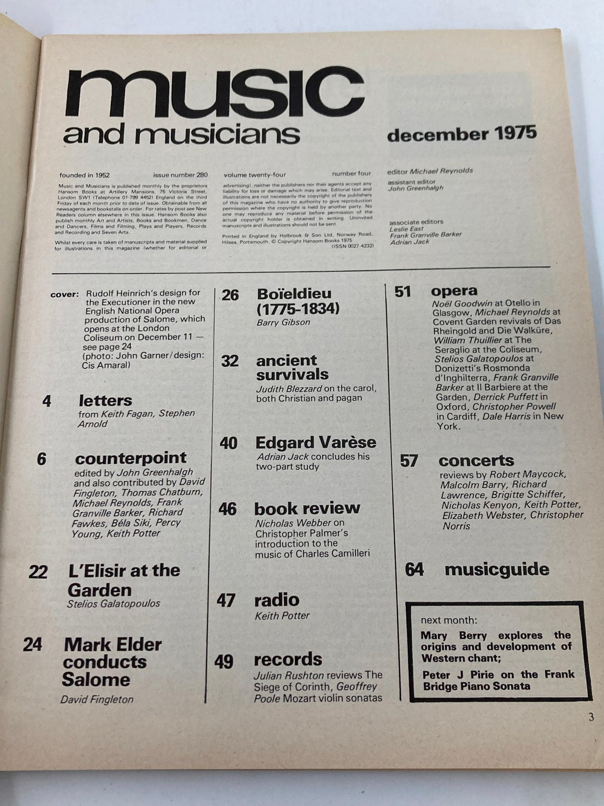 Interior page of VTG Music & Musicians Magazine December 1975 showcasing contents and editorial information.
