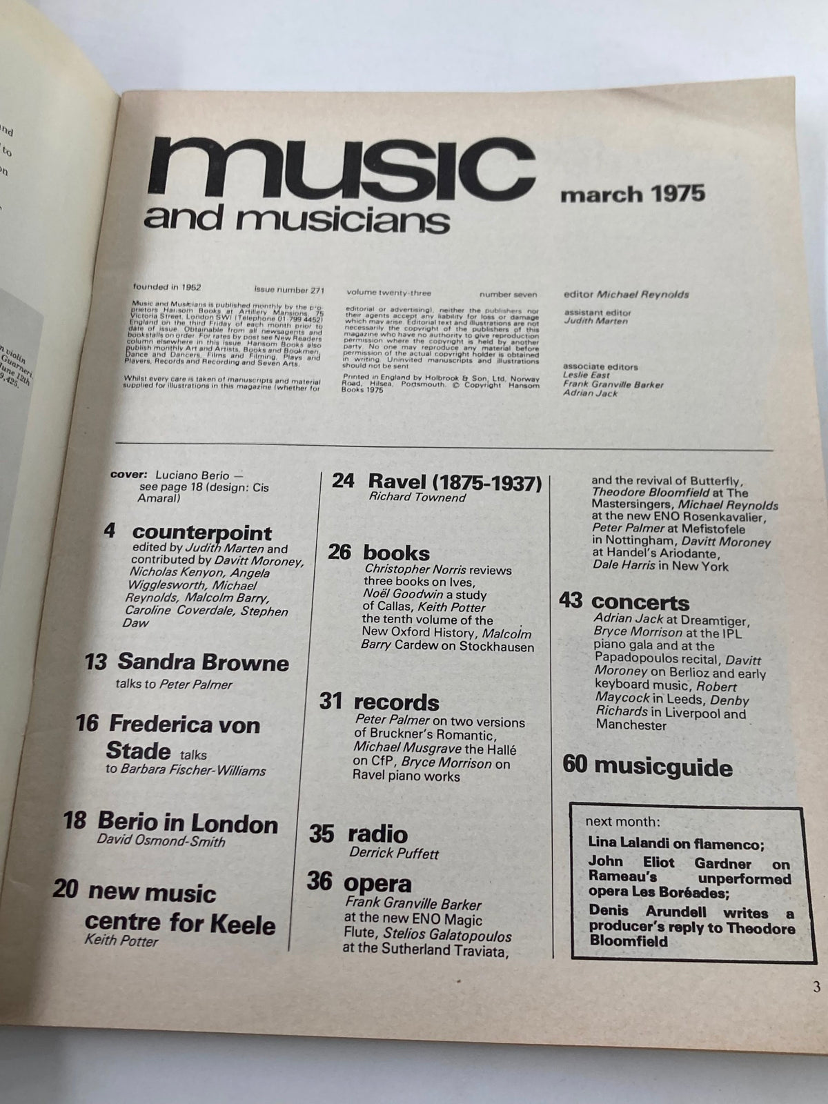 Interior page of VTG Music & Musicians Magazine March 1975, issue #271, displaying articles including coverage of Luciano Berio, Ravel, and more, showcasing the magazine's rich content in contemporary music.