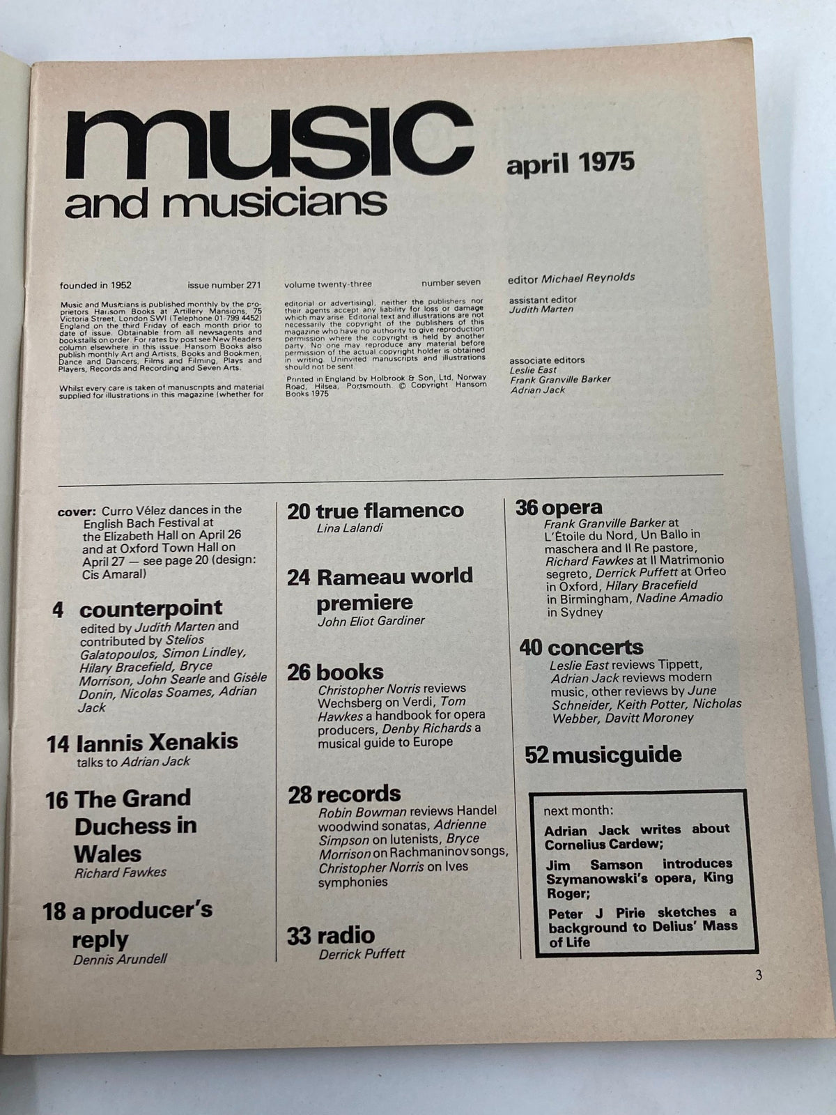 Inside page of VTG Music & Musicians Magazine April 1975 #271 displaying the table of contents and article titles.