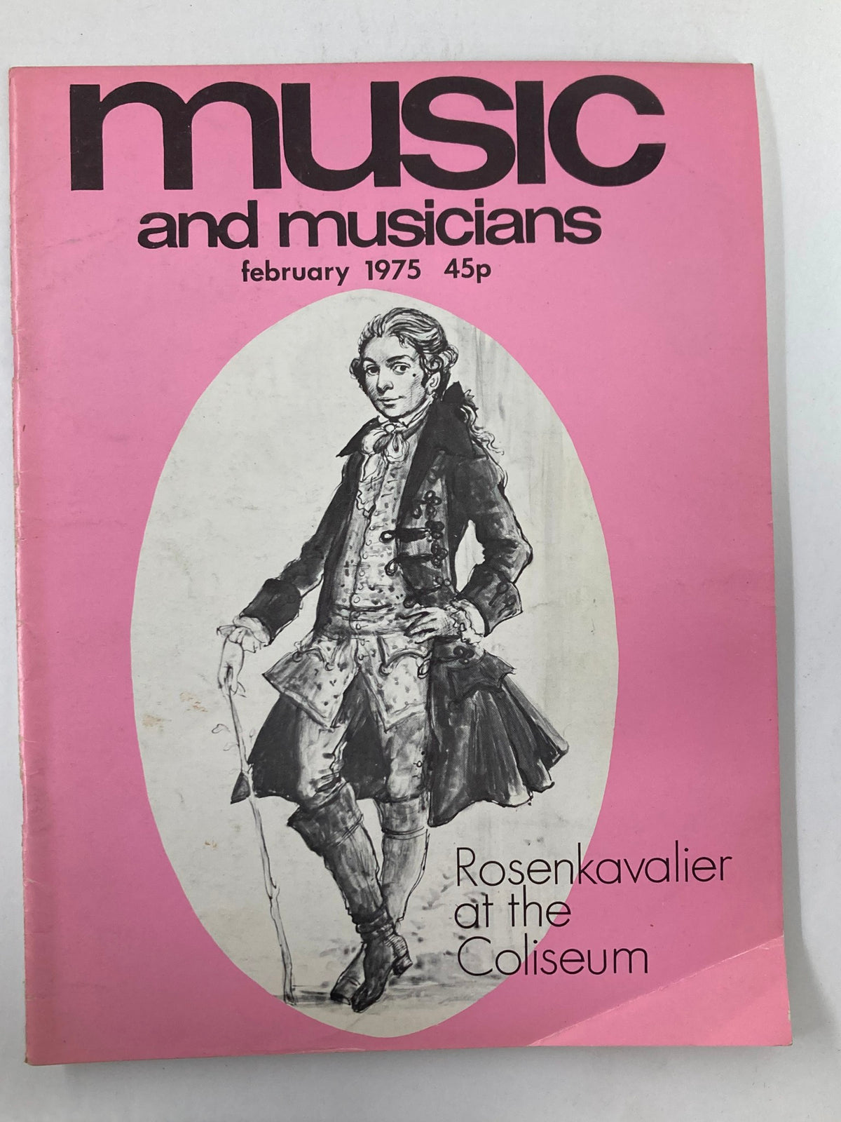 Cover of VTG Music & Musicians Magazine February 1975, issue #270 featuring a drawing of a character in period costume with the title "Rosenkavalier at the Coliseum".