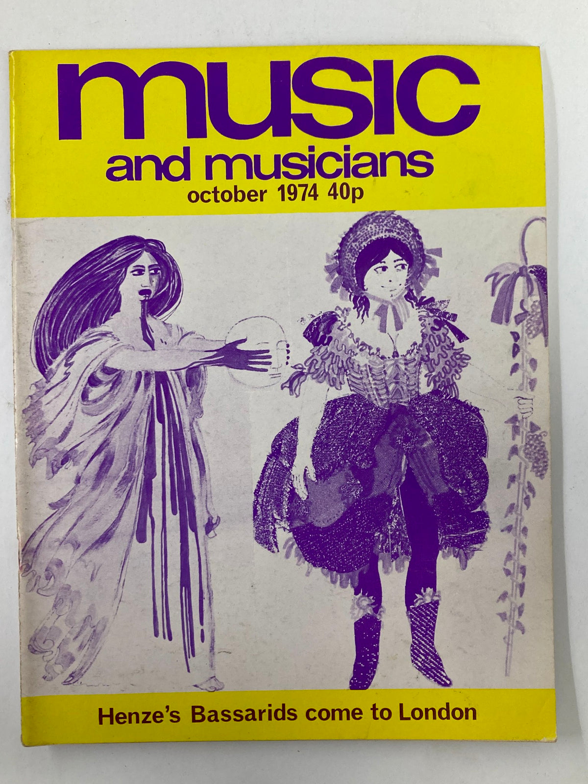 Cover of VTG Music & Musicians Magazine, October 1974, issue #266 featuring Henze's Bassarids, with artistic illustrations and a bold yellow background.