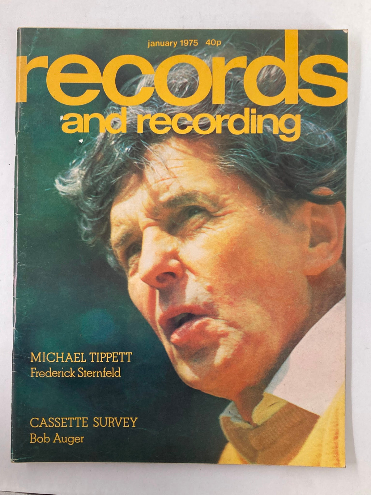 January 1975 issue of Records and Recording Magazine featuring Michael Tippett on the cover, showcasing vibrant typography and an artistic photograph of the composer.