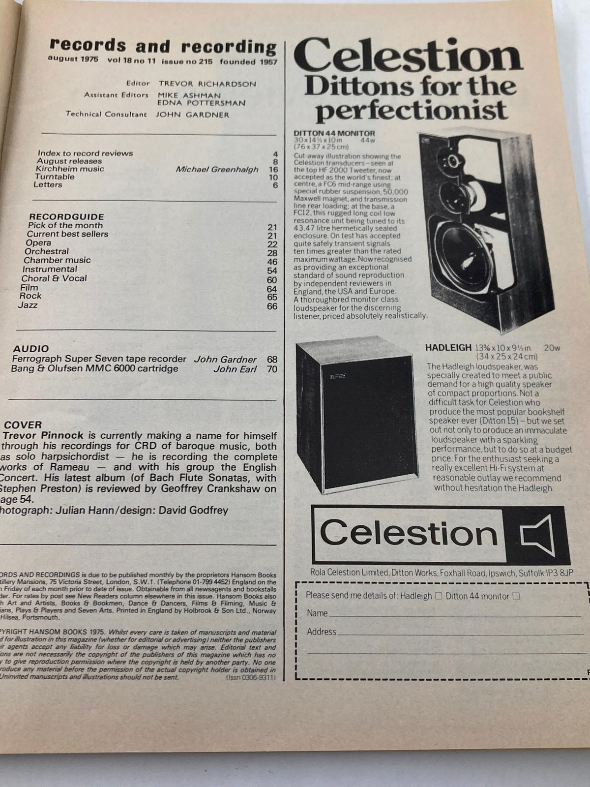 VTG Records & Recording Magazine August 1975, Vol 18 No 11 featuring Trevor Pinnock. Cover includes articles on music genres and product reviews related to audio equipment, showcasing Celestion Ditton speakers.