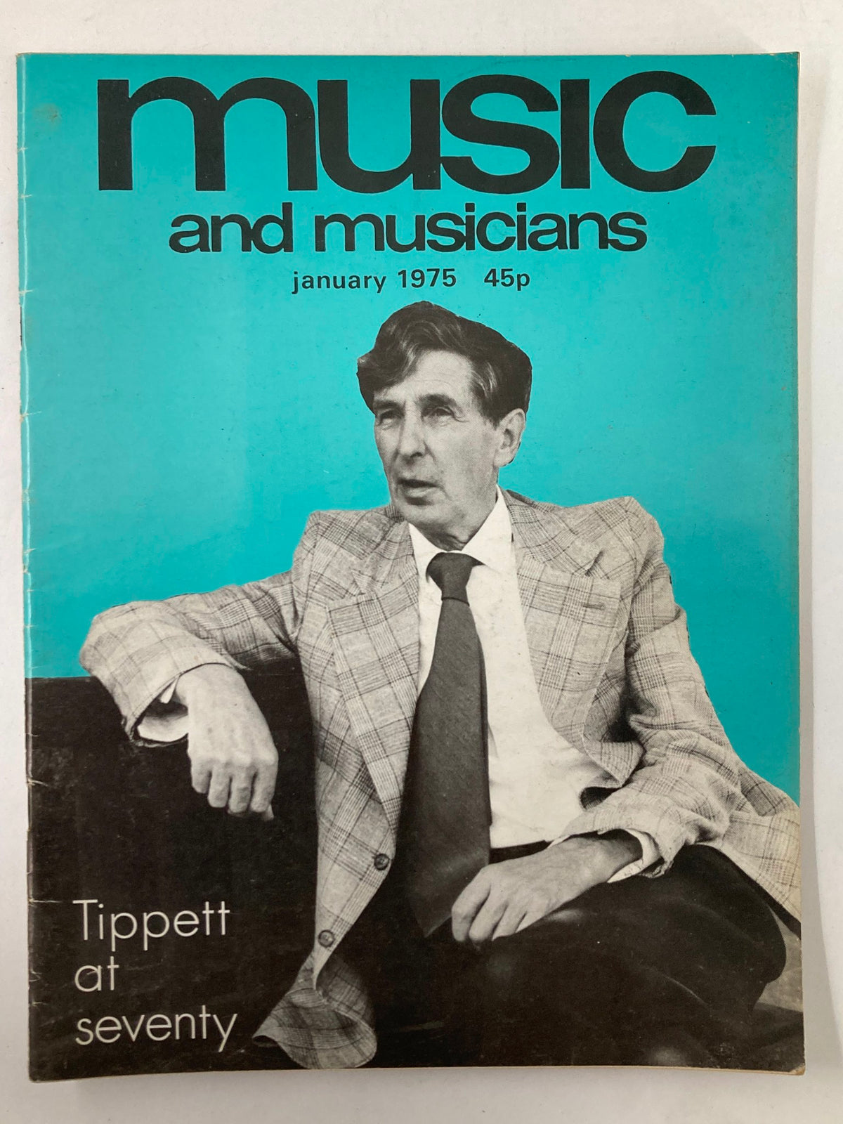 Cover of VTG Music & Musicians Magazine January 1975 Vol 23 #5 featuring Michael Tippett, showcasing a prominent photograph of Tippett at seventy with a bright turquoise background.