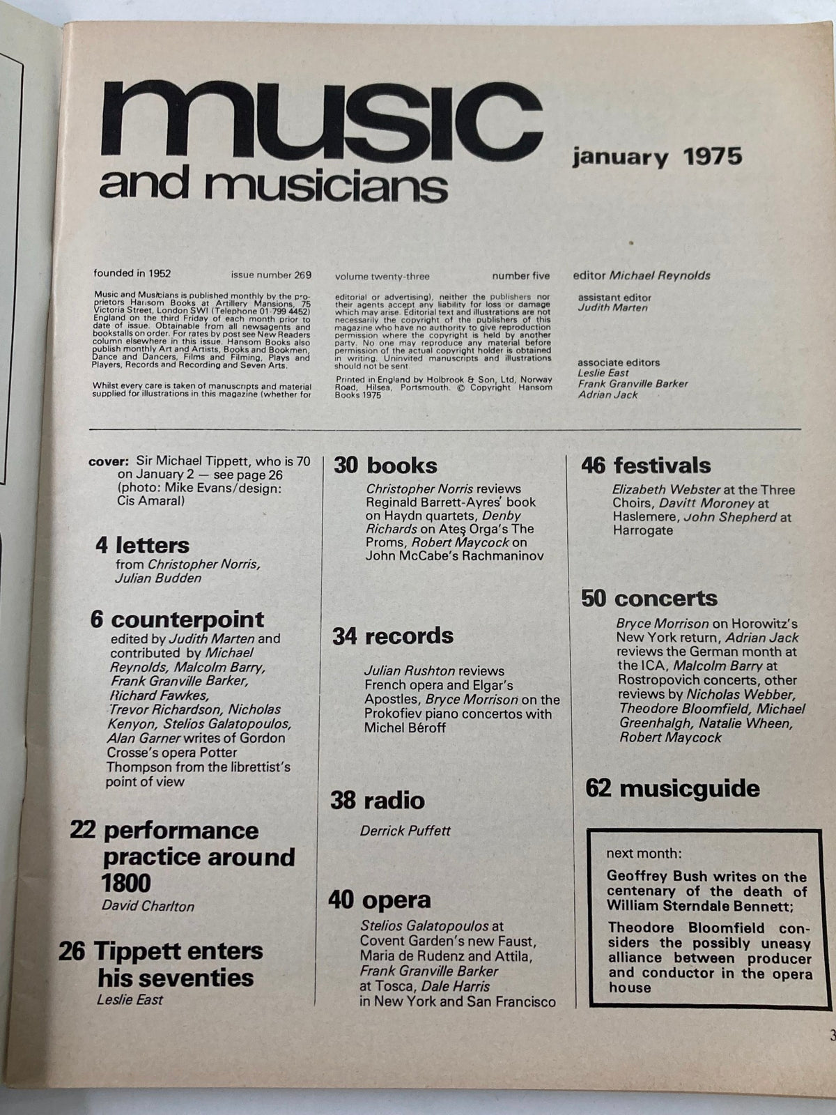 Inside page of VTG Music & Musicians Magazine January 1975 Vol 23 #5, detailing articles about music and musicians, including features on Sir Michael Tippett and the content layout of the issue.