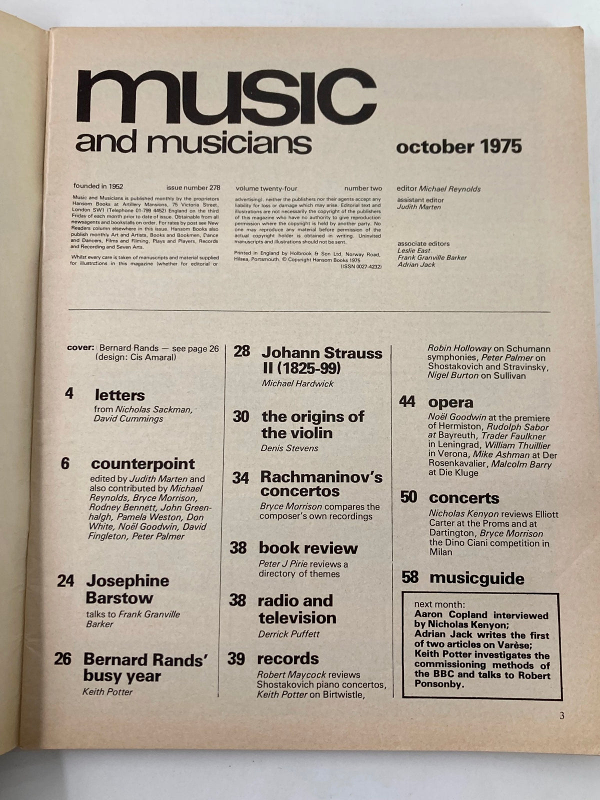 Contents page of VTG Music & Musicians Magazine October 1975, detailing articles and topics including Johann Strauss II and Bernard Rands.