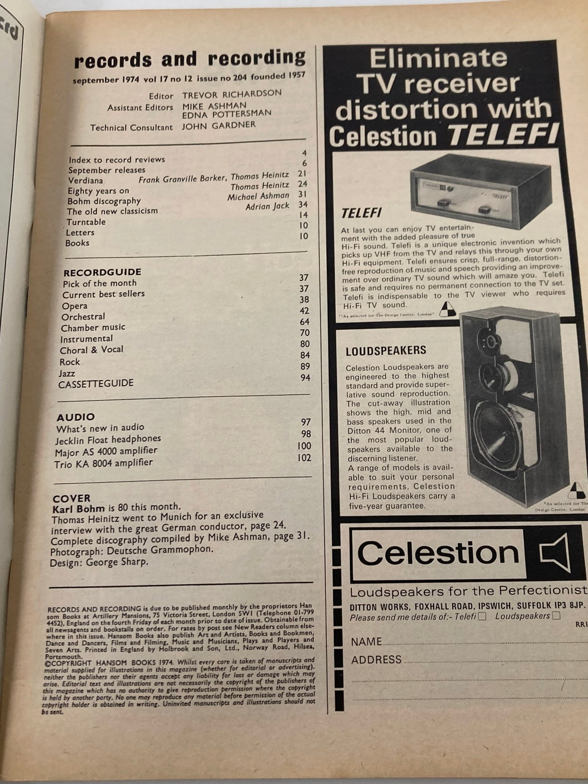 Interior page of VTG Records & Recordings Magazine, September 1974, displaying a content index and details about Karl Böhm's feature, along with advertisements.