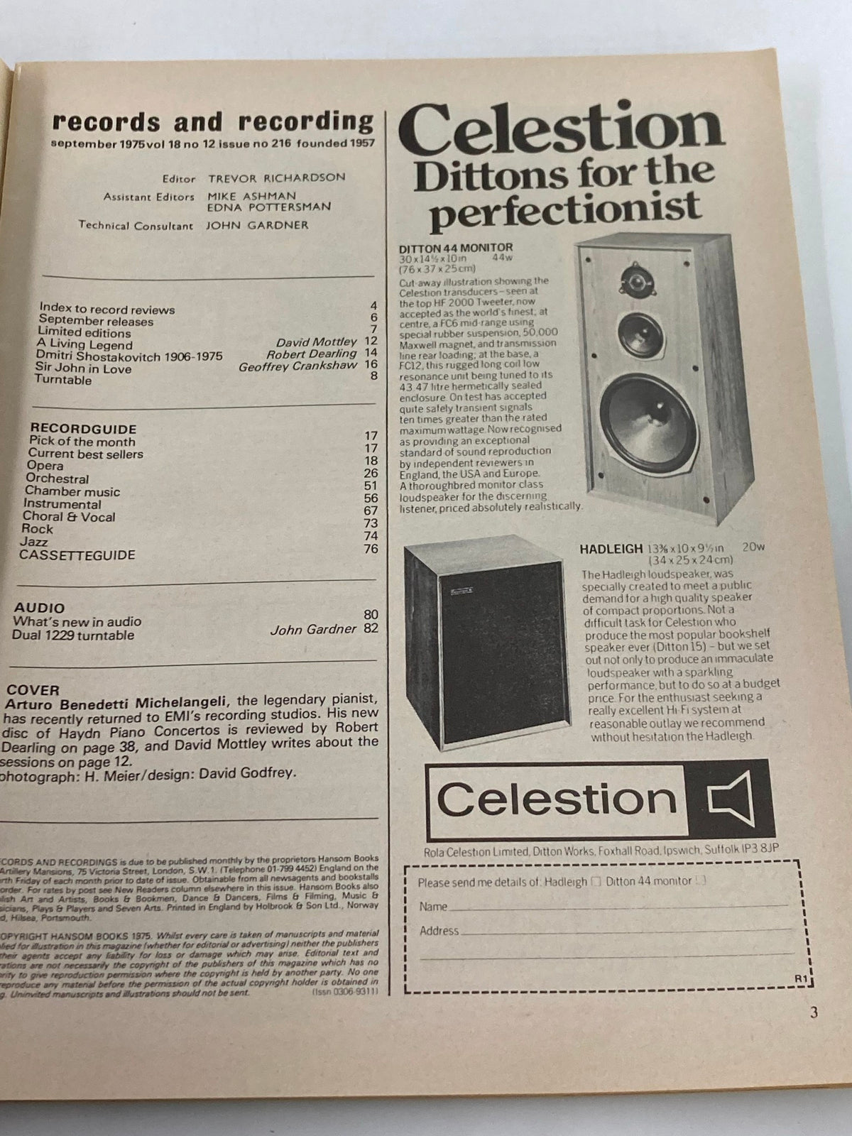 Vintage Records & Recordings Magazine September 1975 Michelangeli No Label