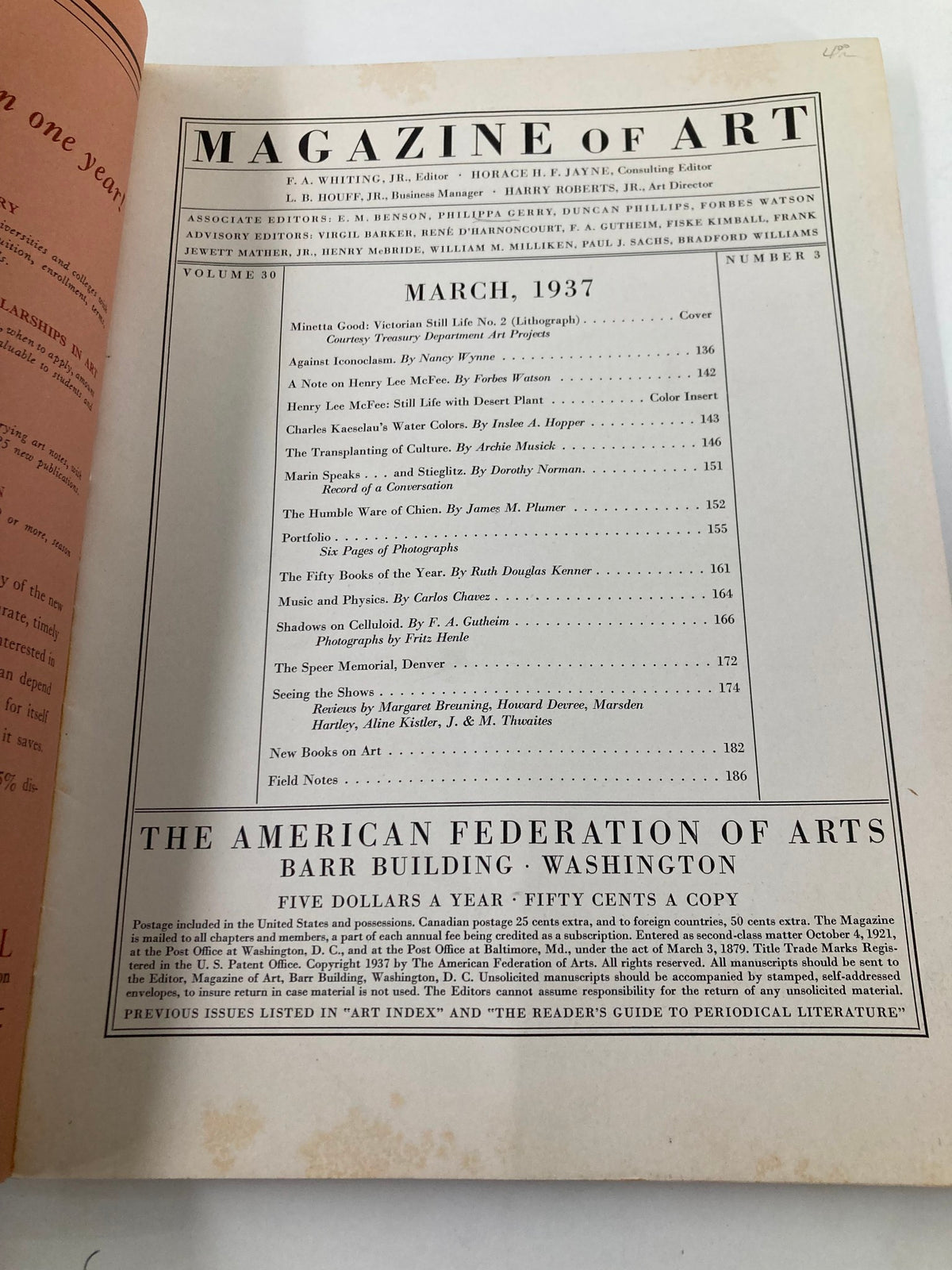 Vintage Magazine of Art March 1937 Vol 30 #3 Minetta Good Victorian Life No Label