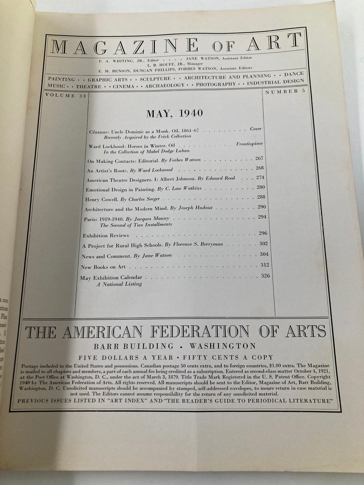 Interior page of VTG Magazine of Art, May 1940, Volume 33 #5, displaying the contents and editorial features.
