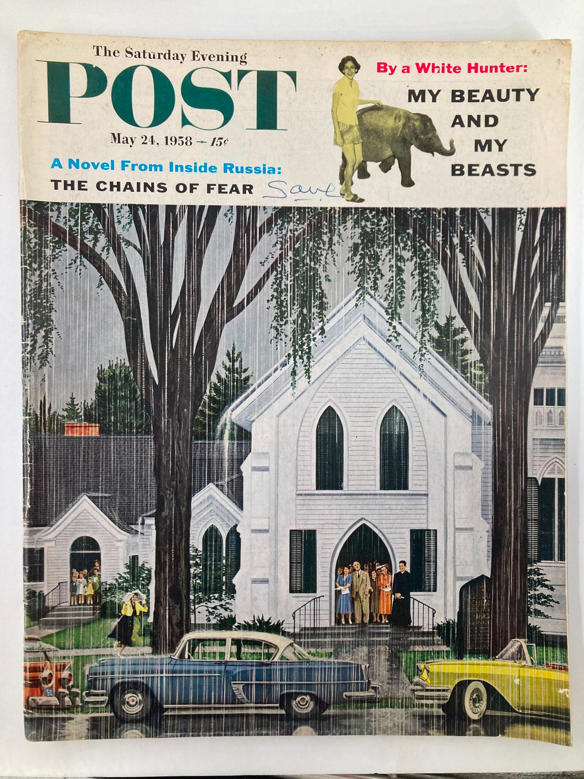 The Saturday Evening Post May 24 1958 cover featuring the theme 'My Beauty and My Beasts' with a vintage illustration of a church scene and a woman interacting with an elephant.