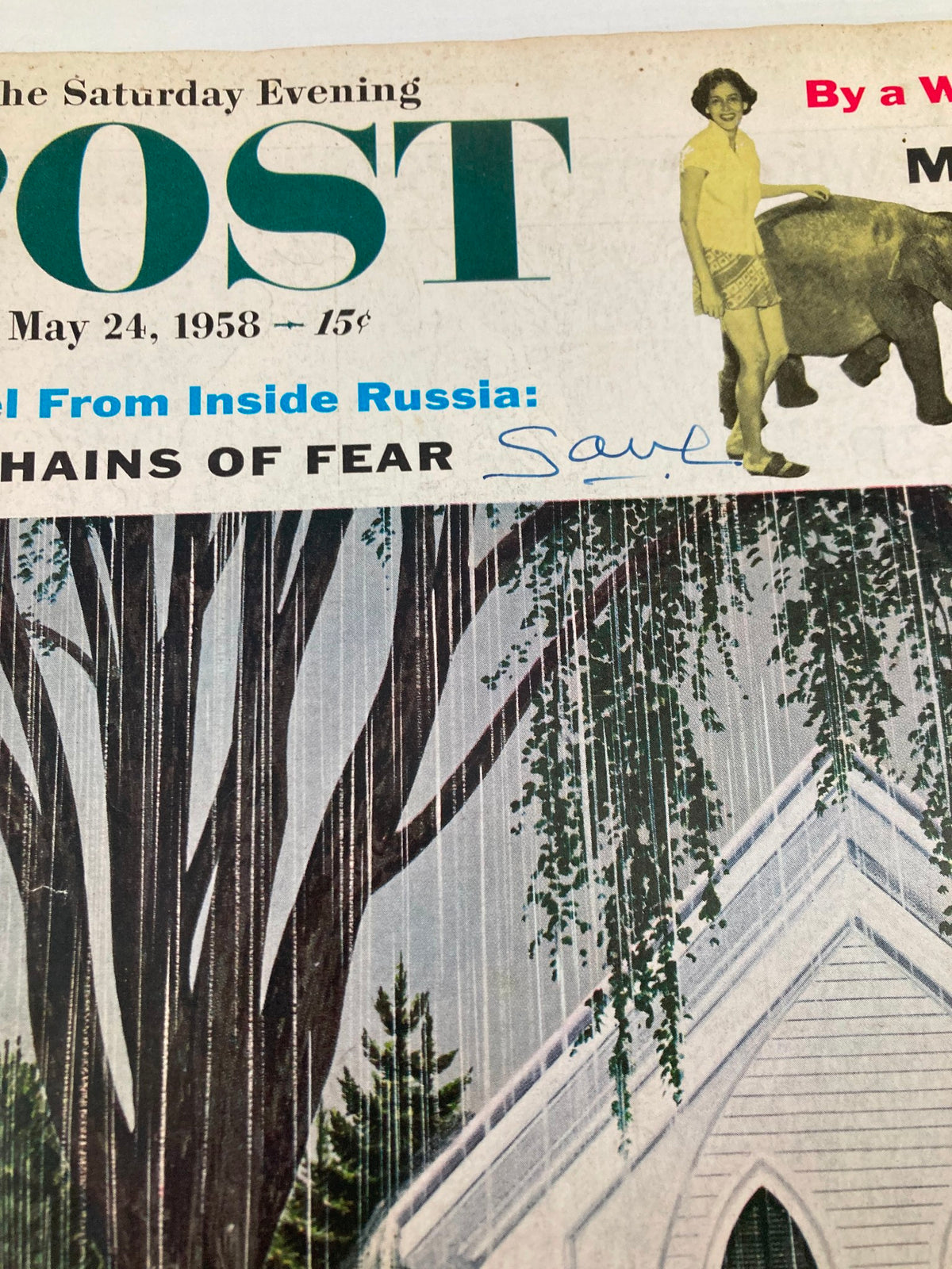 Close-up of The Saturday Evening Post May 24 1958 cover highlighting the title 'By a White Hunter: My Beauty and My Beasts' along with details like the magazine price and author's note.