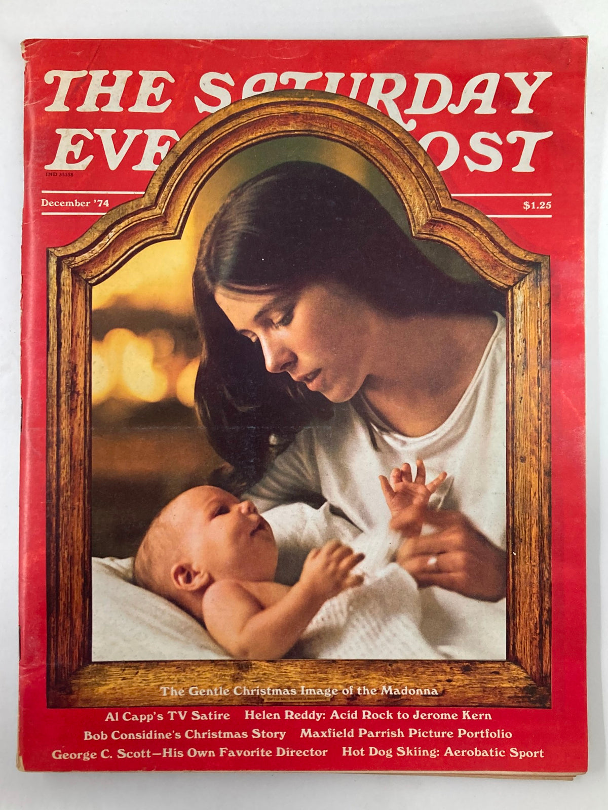 The Saturday Evening Post December 1974 Christmas cover featuring the Madonna, depicting a serene moment between a mother and child, capturing the holiday spirit and artistic sentiments of the 1970s.