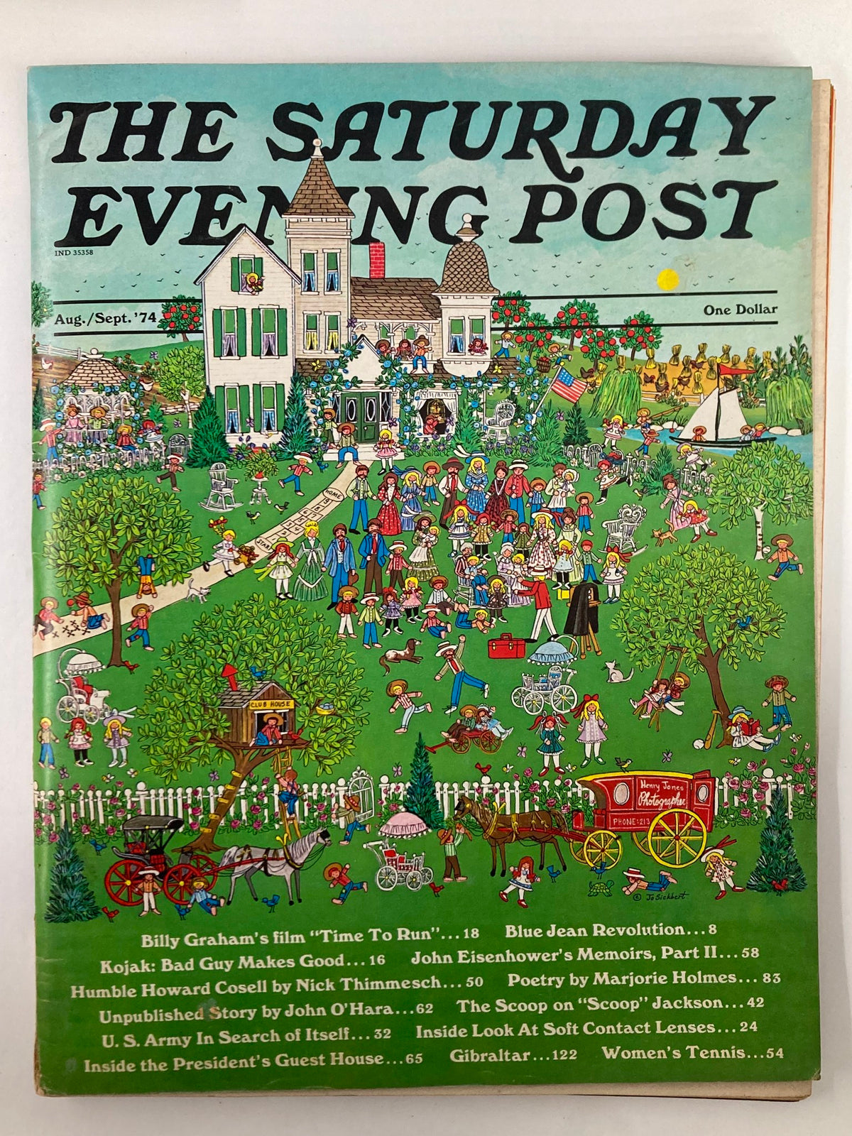 The Saturday Evening Post cover from August 1974, featuring a colorful illustration with a variety of characters and a historic house, highlighting the article 'Billy Graham's Time To Run'.