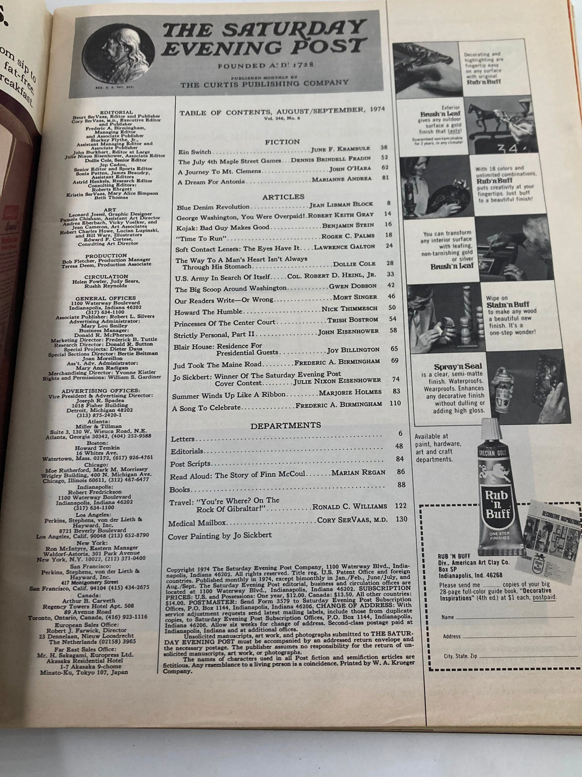 The Saturday Evening Post's Table of Contents page for August 1974, detailing articles including 'Billy Graham's Time To Run' and various fiction and non-fiction features.
