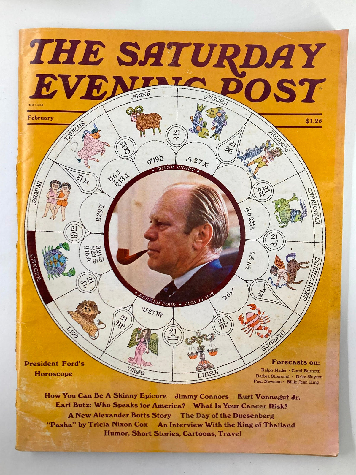 Cover of The Saturday Evening Post February 1975 featuring Gerald Ford, highlighting his horoscope and associated articles.