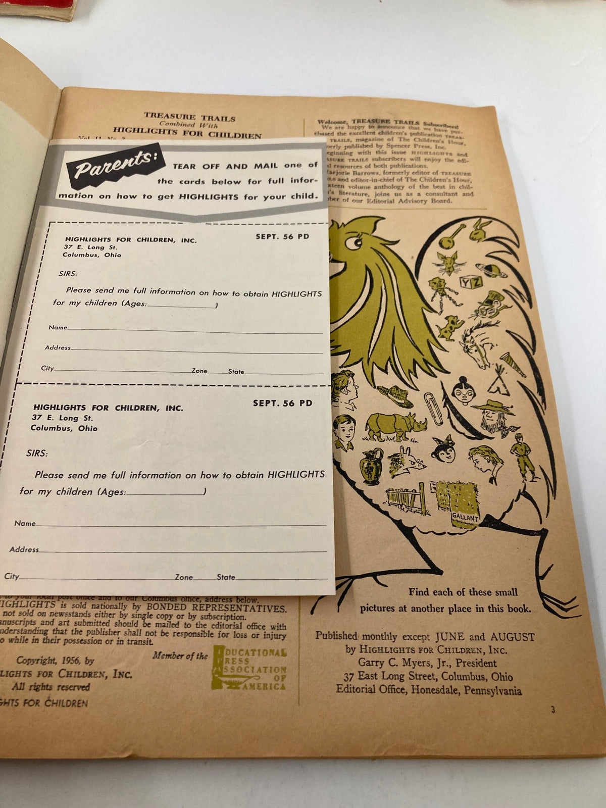 Parent information card from Highlights Magazine August 1956, part of the nostalgic issue 'Milk Moaner from Mars' featuring kids' stories and educational content.