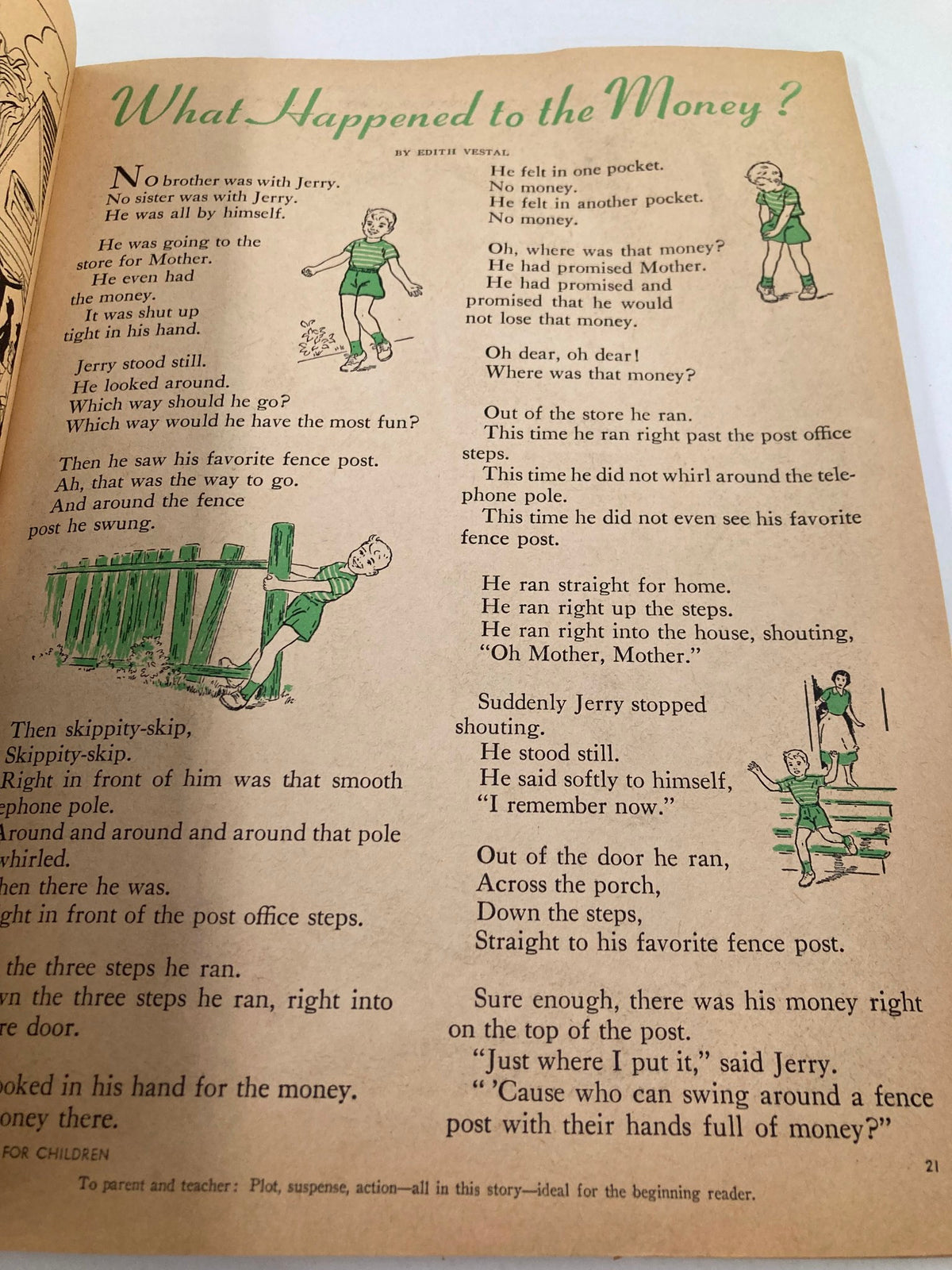 Page titled 'What Happened to the Money?' from Highlights Magazine August 1956, showcasing a children's story with illustrations.