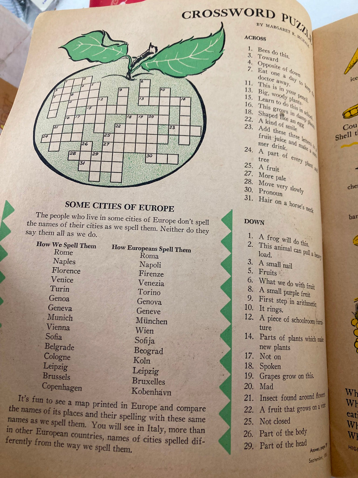 Crossword puzzle page from Highlights Magazine August 1956, engaging readers with city names and fun wordplay.