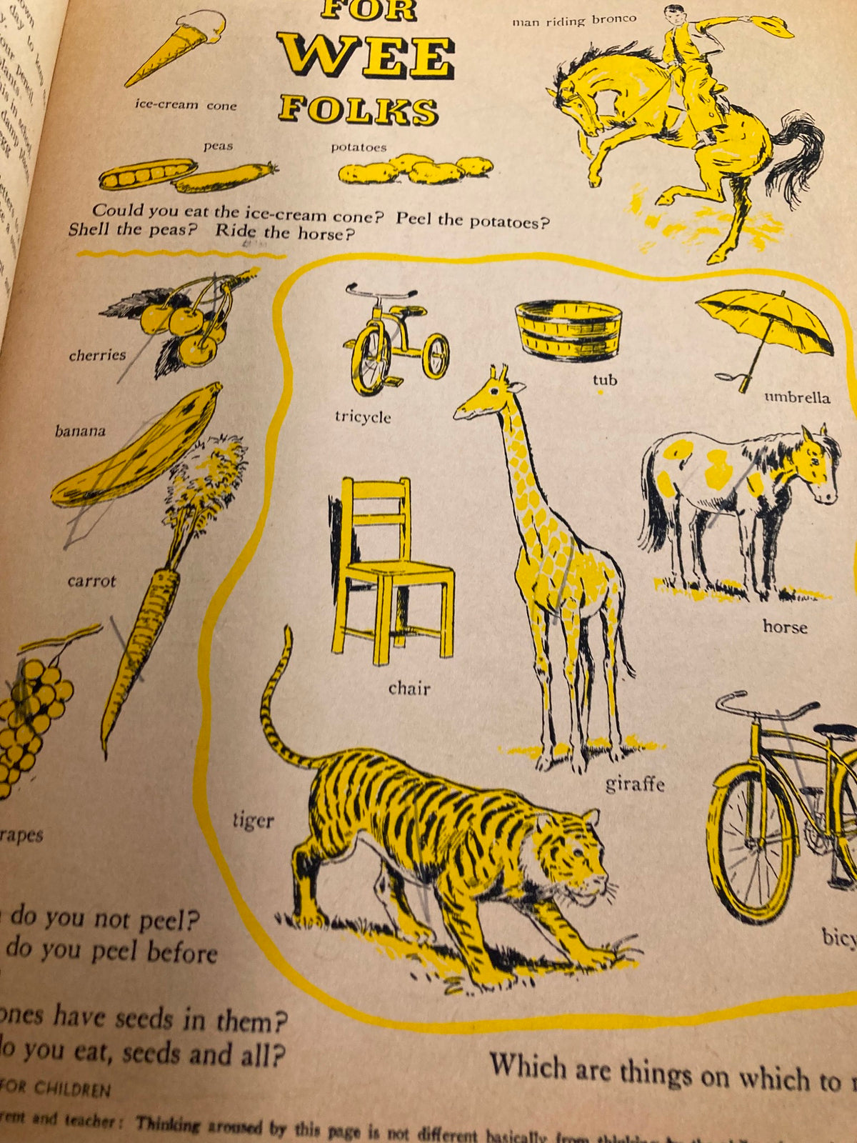 Interactive page 'For Wee Folks' from Highlights Magazine August 1956, designed for young readers with drawings and questions.