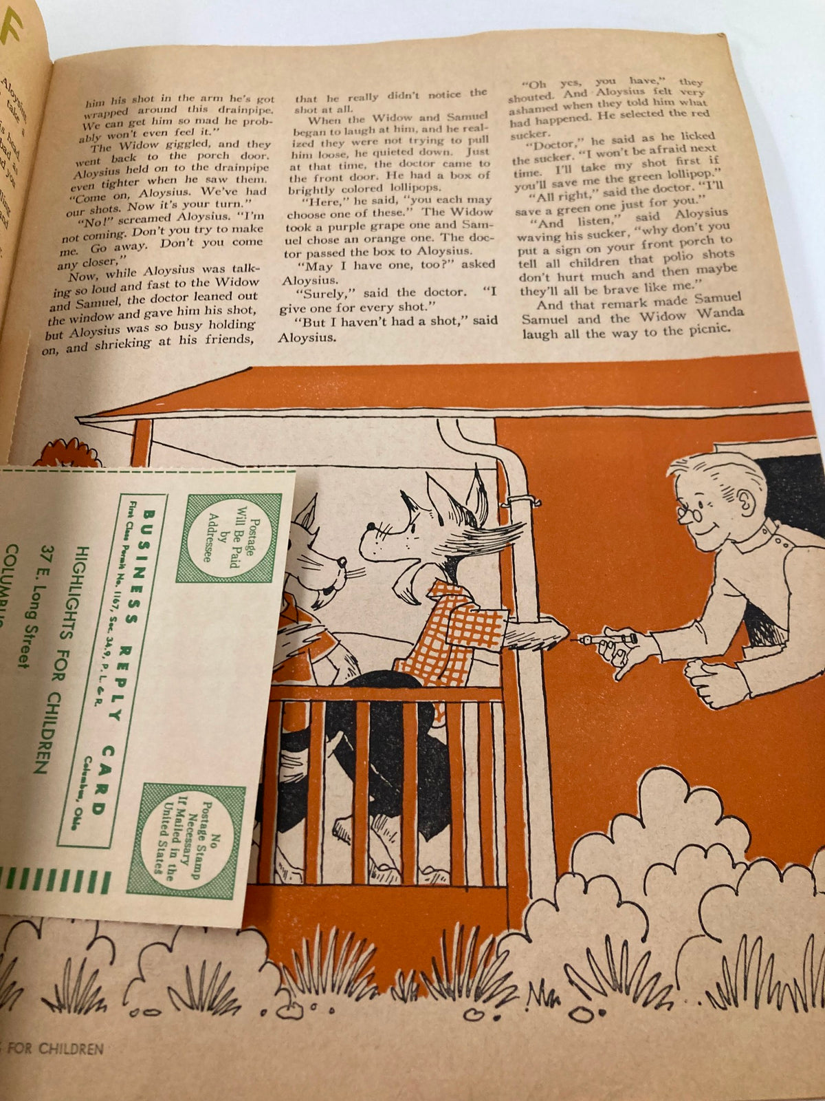 Interior page from the August 1956 Highlights Magazine featuring the story 'Milk Moaner from Mars'. The illustration depicts characters in a whimsical scene, showcasing the magazine's children's literature theme.